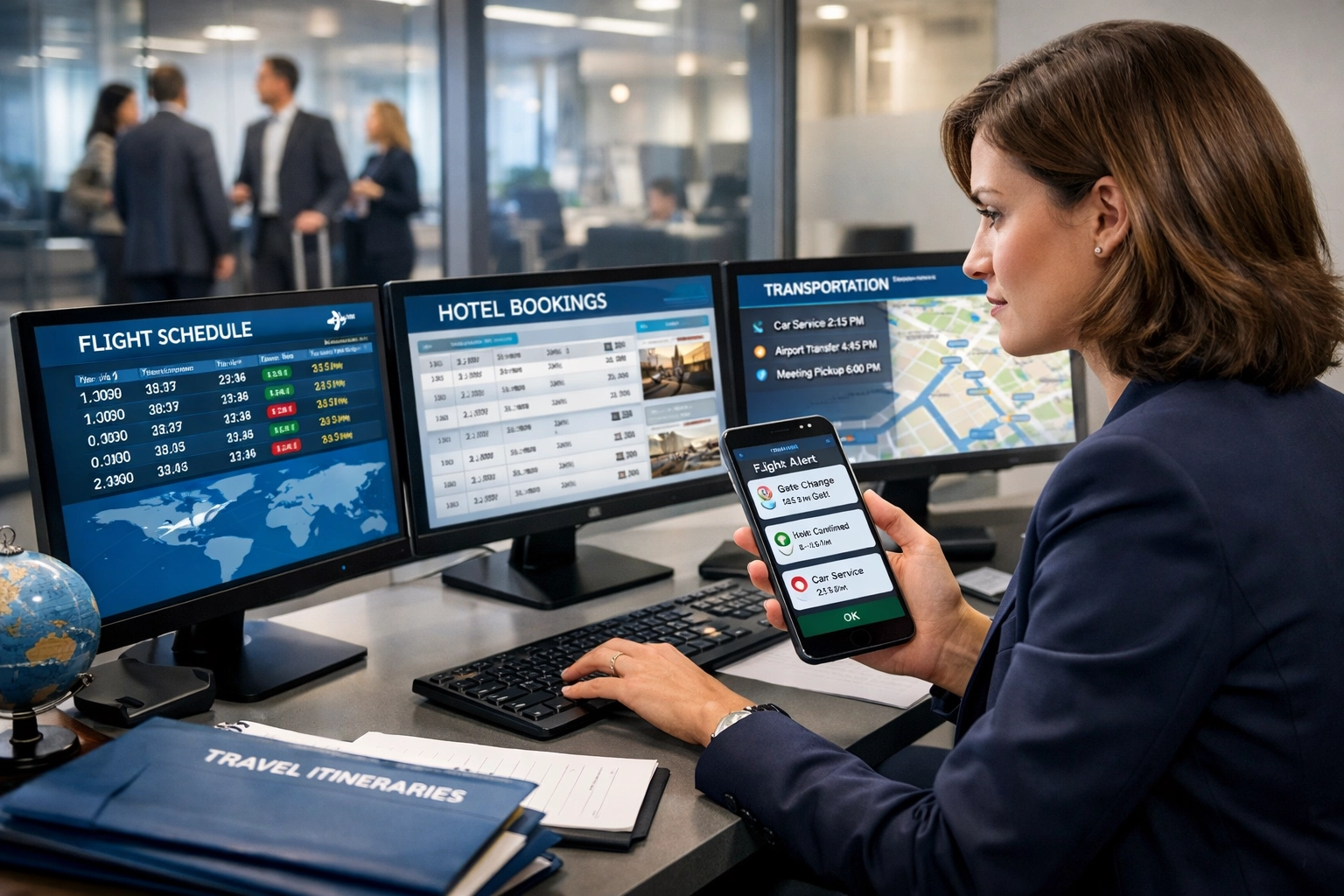 Are You Making These 7 Super Bowl Corporate Travel Mistakes That Cost Companies $100K+ Per Event? Professional travel manager coordinating Super Bowl corporate group logistics on multiple screens