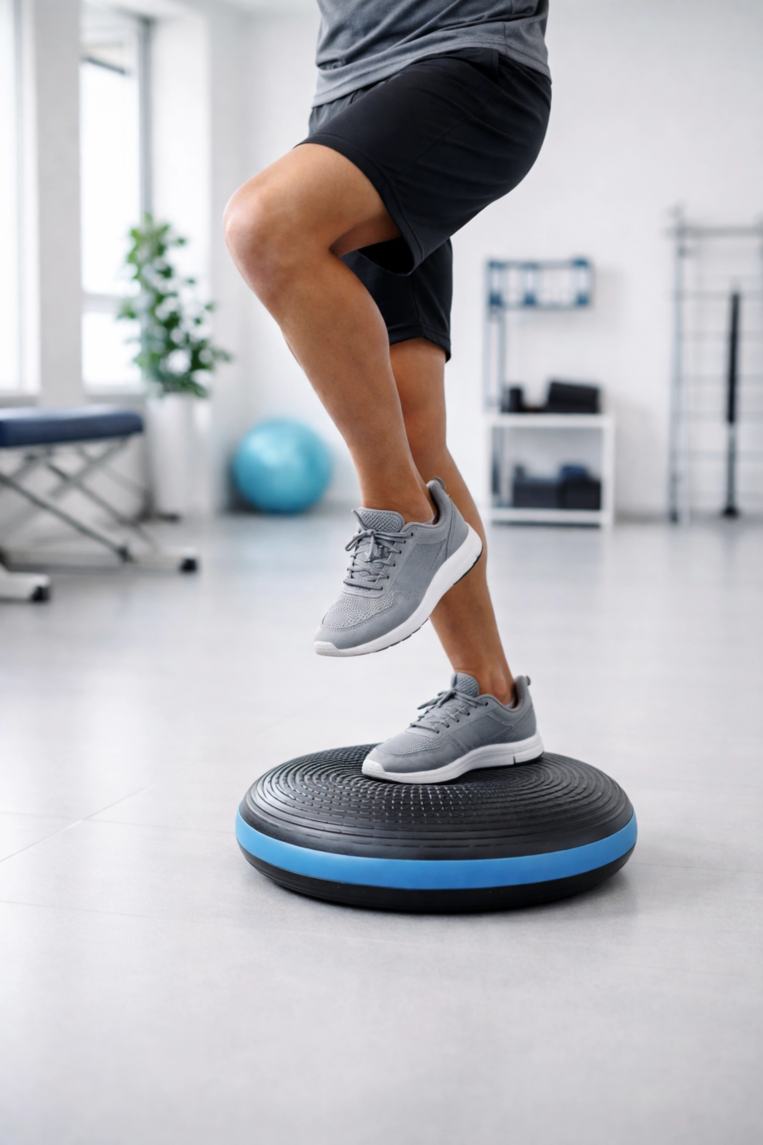 Person balancing on one leg on a wobble board to improve knee stability and proprioception