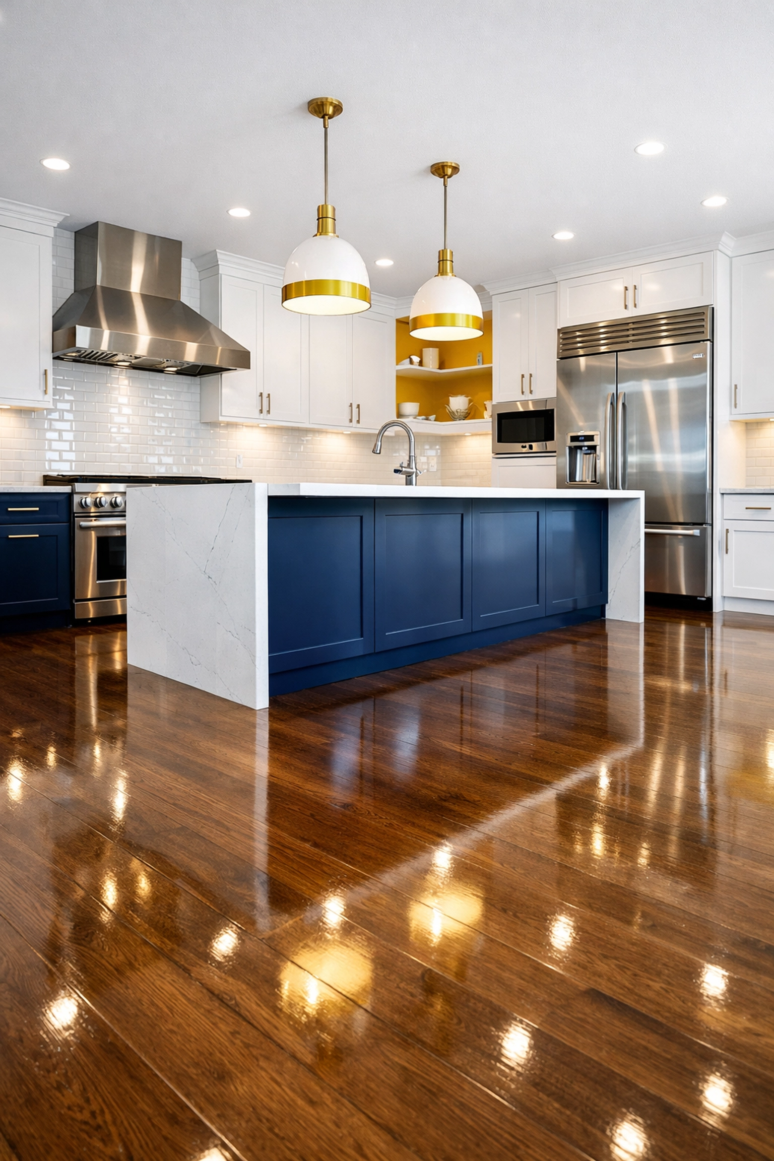 Luxury kitchen with sparkling backsplash after professional post construction cleaning in Bedford.