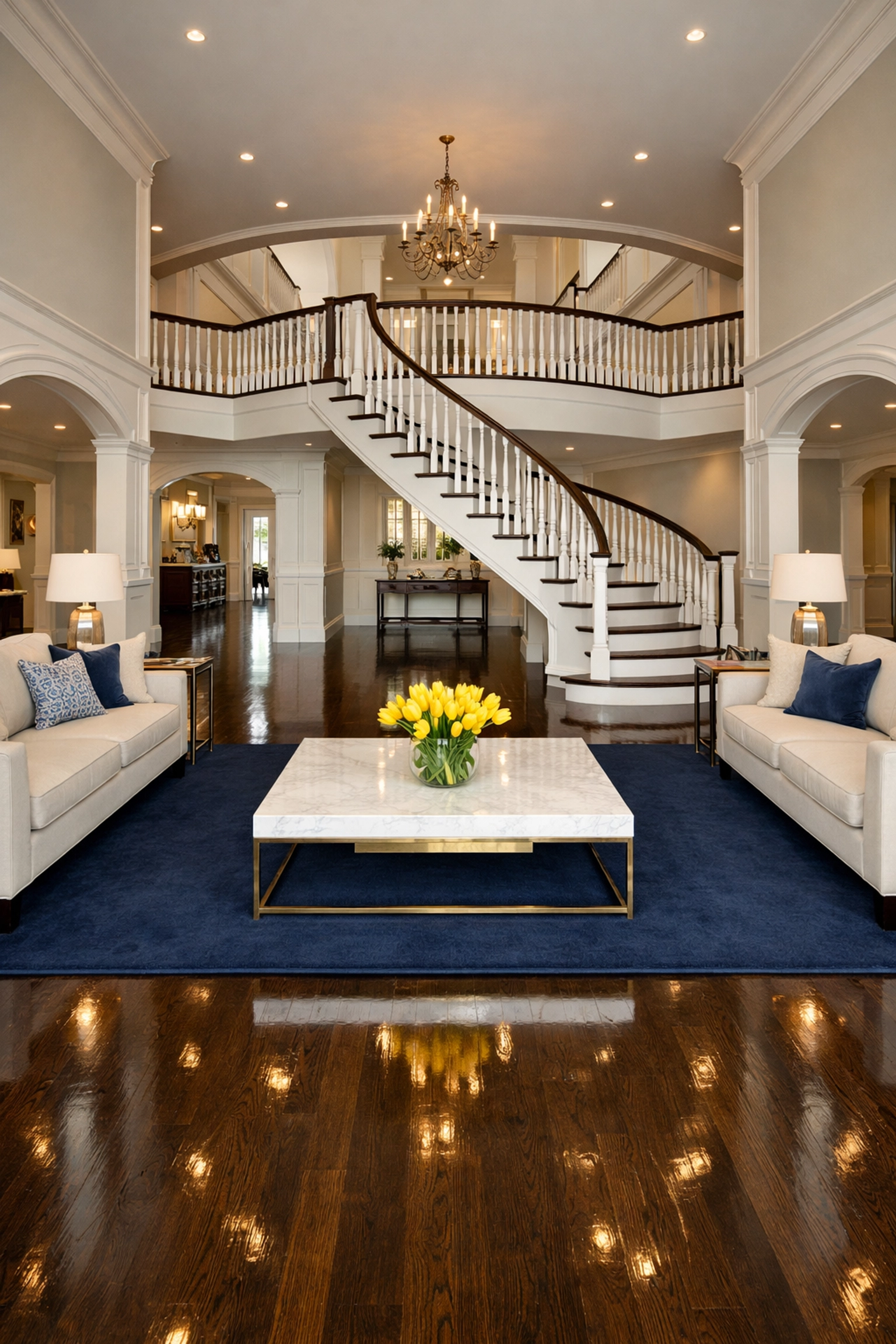 Polished grand foyer in a Carlisle luxury home, showcasing professional residential property management cleaning.