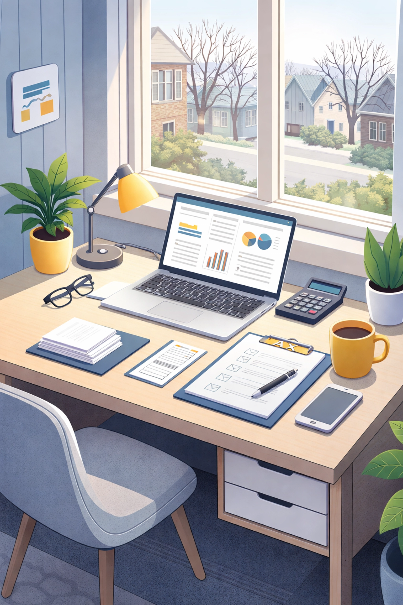 Organized home office scene in New Haven with tax documents and laptop, highlighting deductions for self-employed homeowners and home office use.