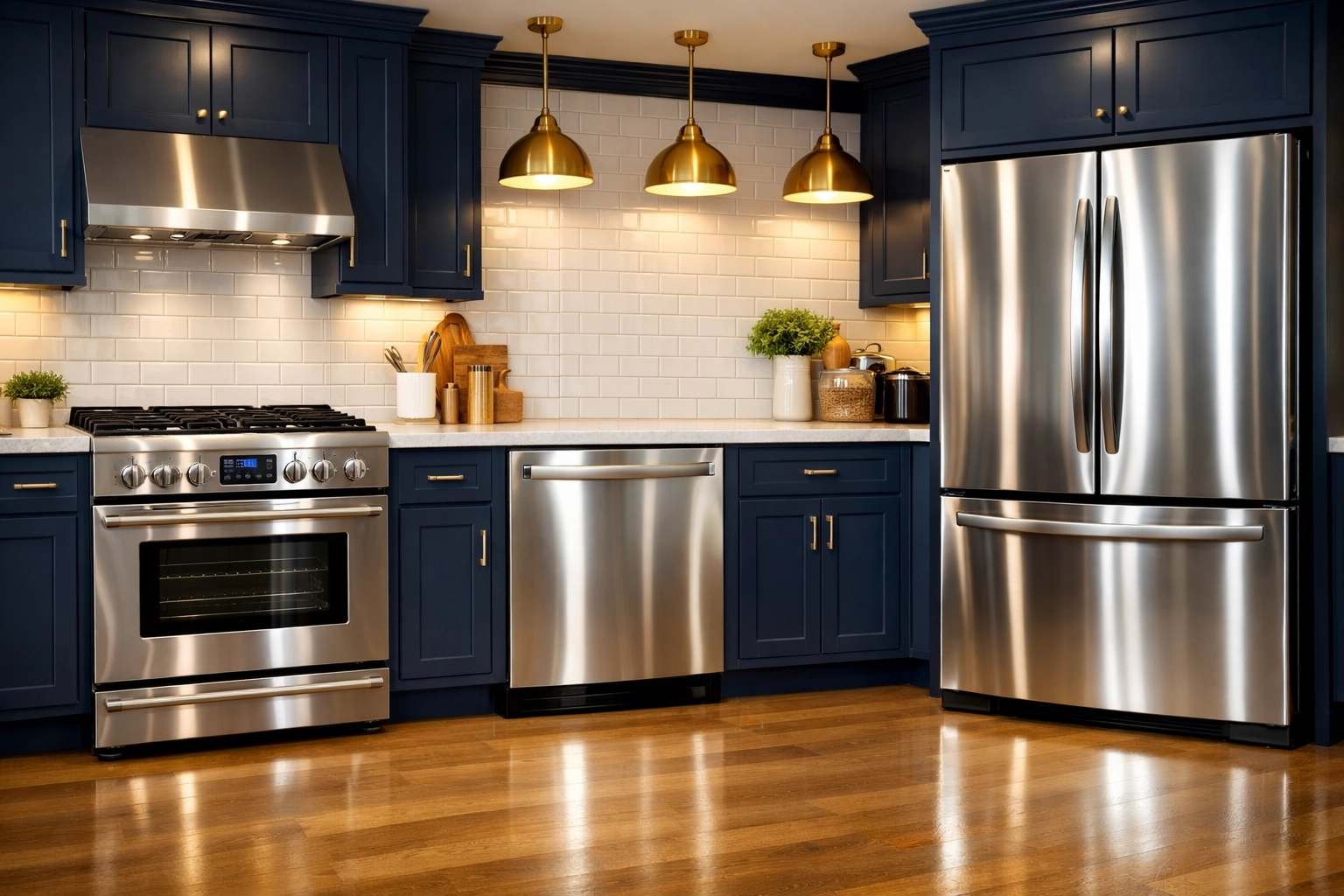 Perfectly polished and streak-free stainless steel appliances in a luxury designer kitchen.
