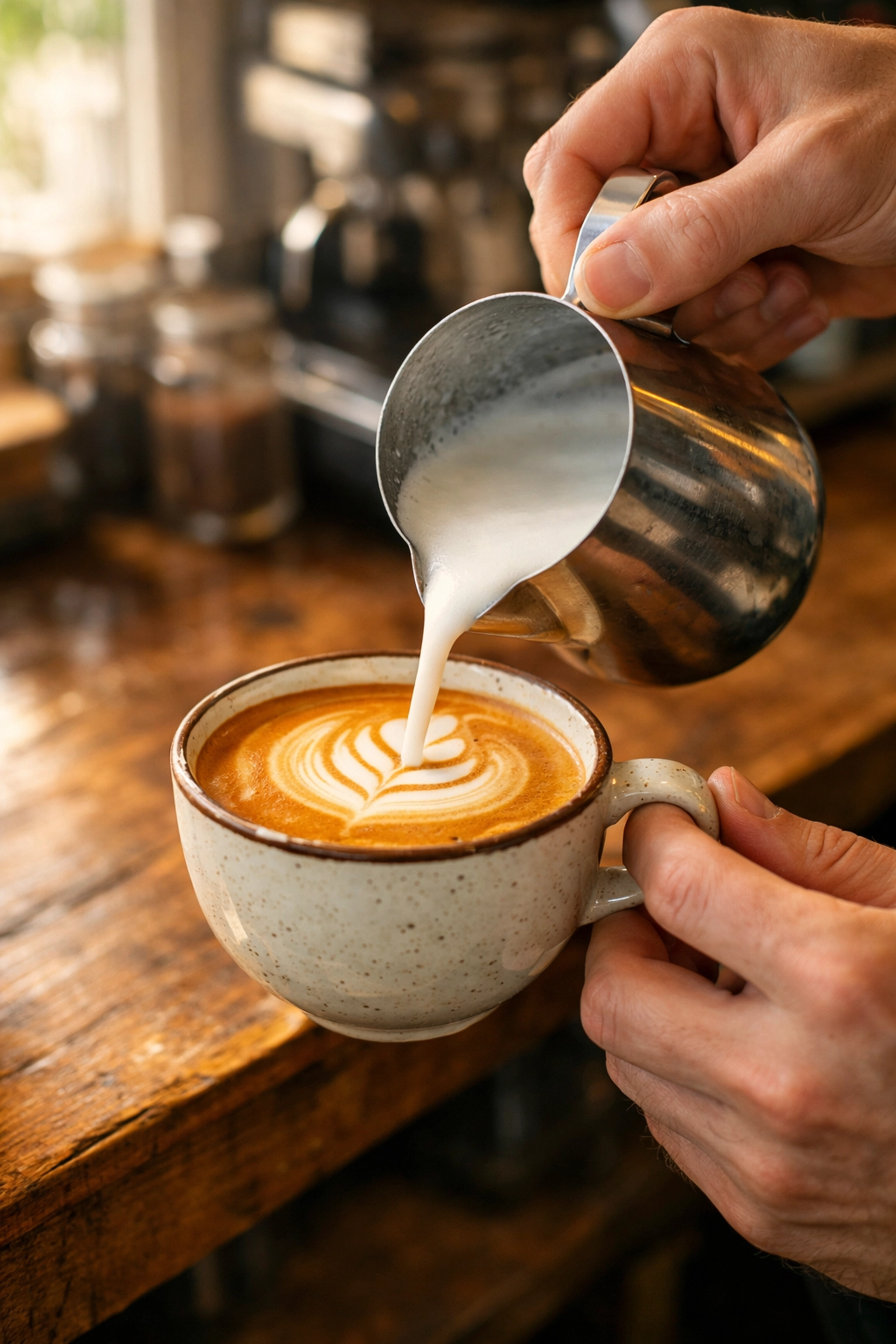 Barista pouring steamed milk into espresso creating latte art with espresso blend