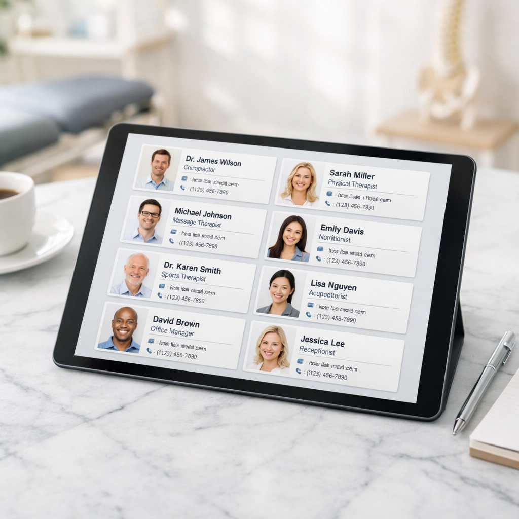 Consistent chiropractic directory listings on a tablet representing local SEO accuracy and NAP synchronization.