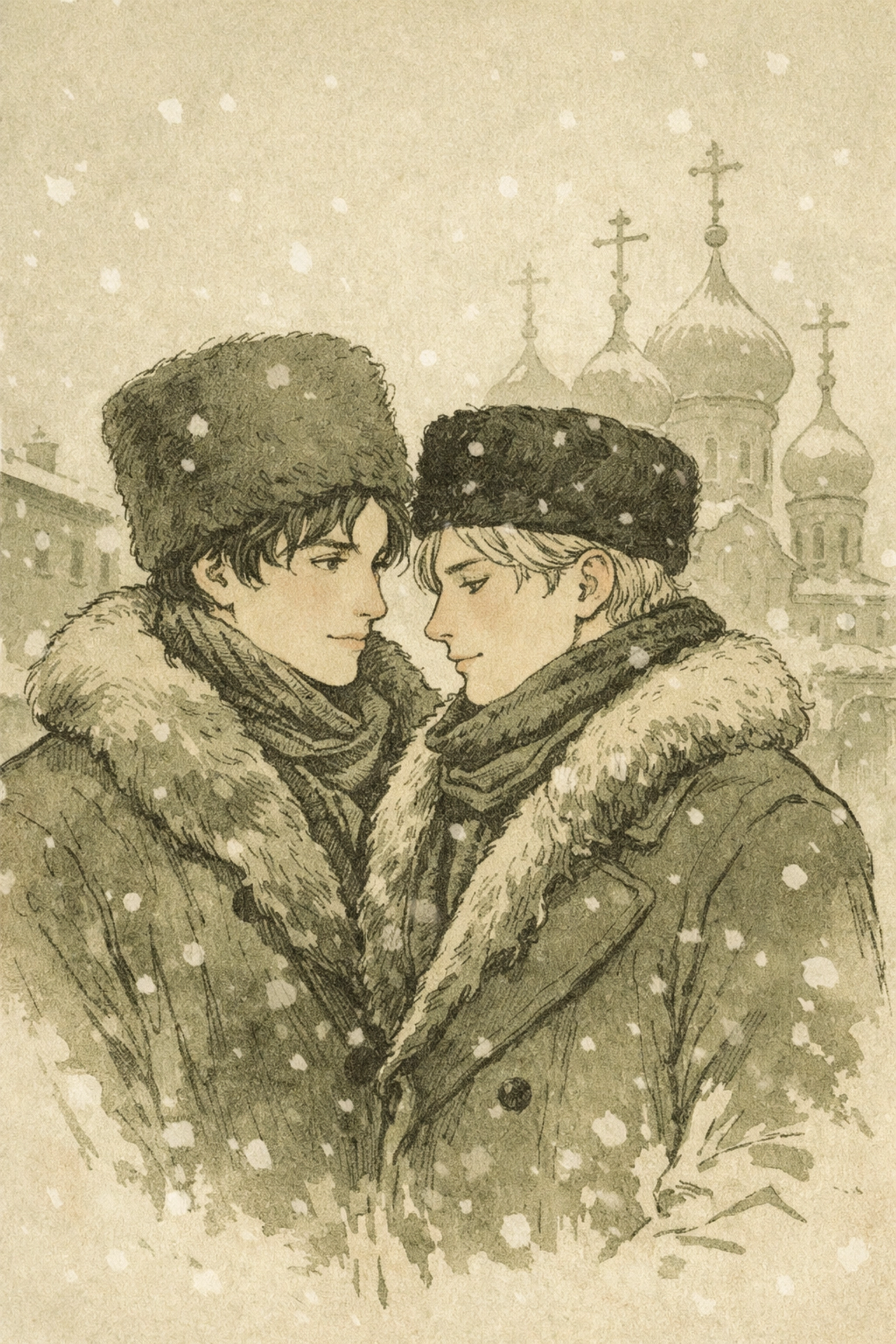 Two aristocratic step-brothers share intimate moment on snowy Moscow street in 19th-century Russian MM romance