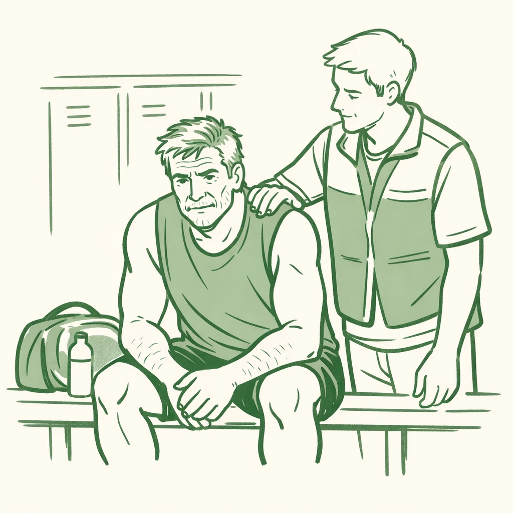 Older gay athlete and younger volunteer sharing an emotional moment in a locker room.