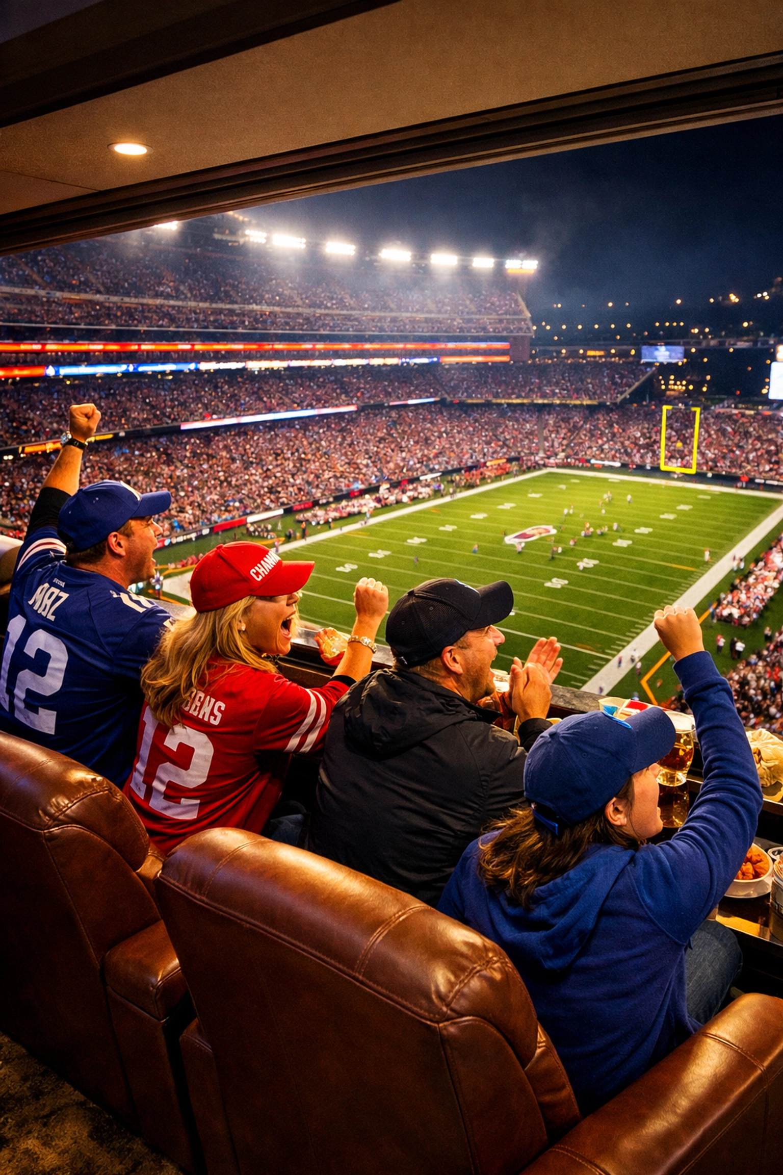 Premium Super Bowl seating with VIP guests enjoying game day experience