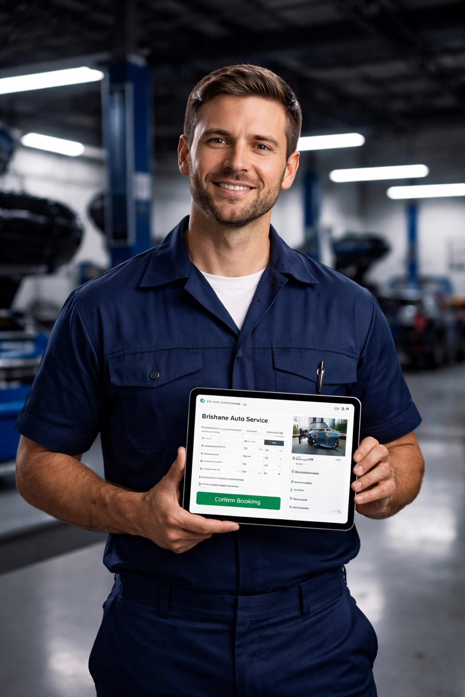 Brisbane mechanic in modern workshop using tablet to manage online service booking system