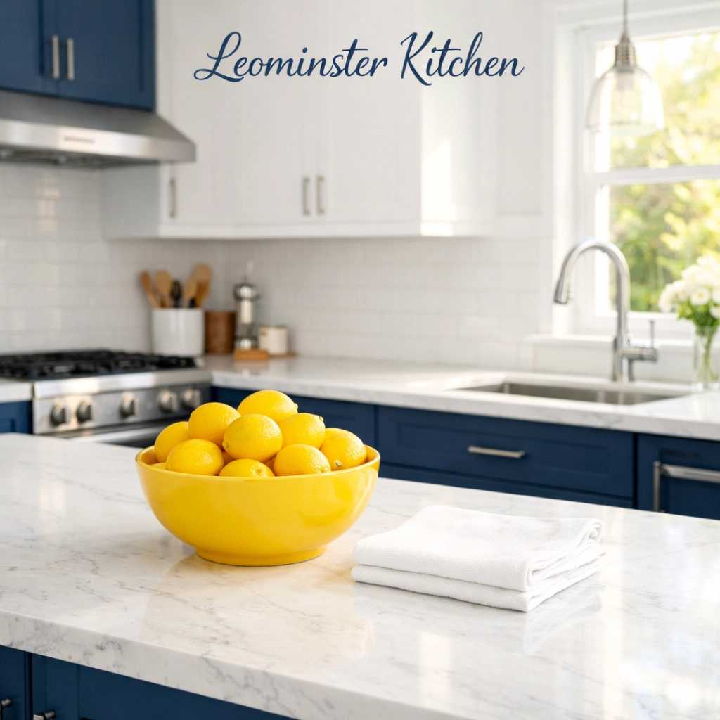 Tidy modern kitchen in Leominster MA featuring white marble counters and blue cabinetry.