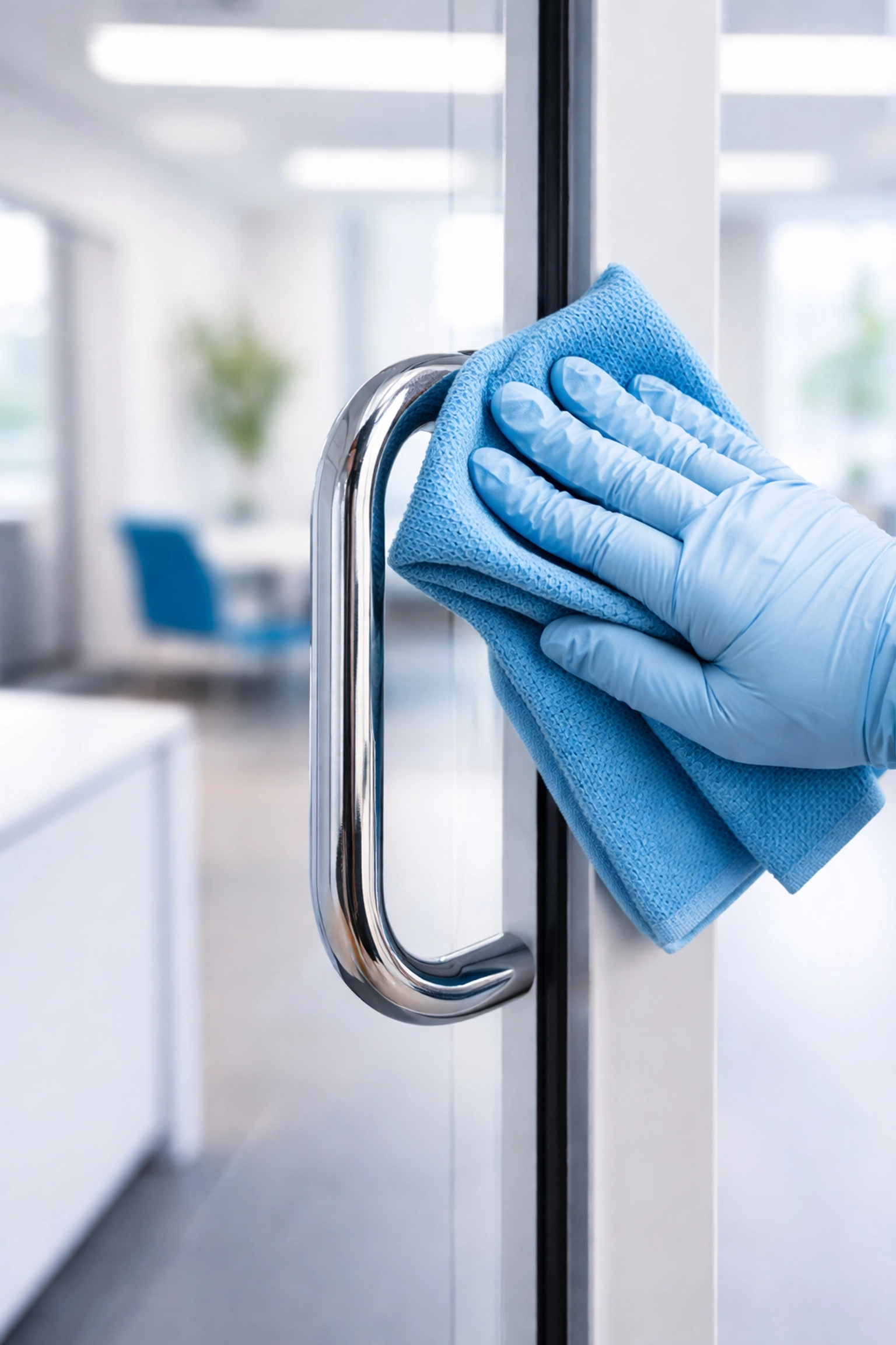 Cleaning professional sanitising a glass door handle in a modern office environment