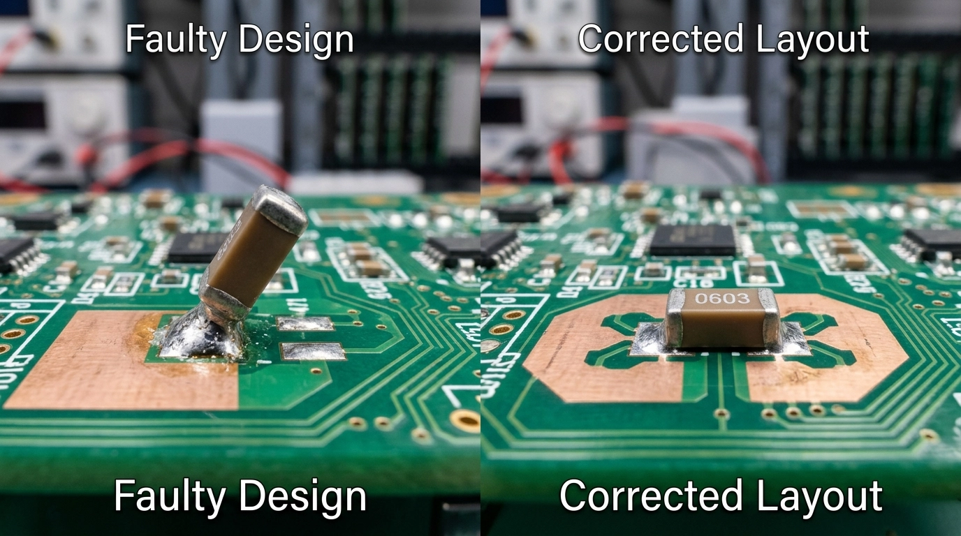 Close-up macro view of a PCB showing thermal imbalance and tombstoning beside a corrected layout with proper thermal relief and symmetrical pads.