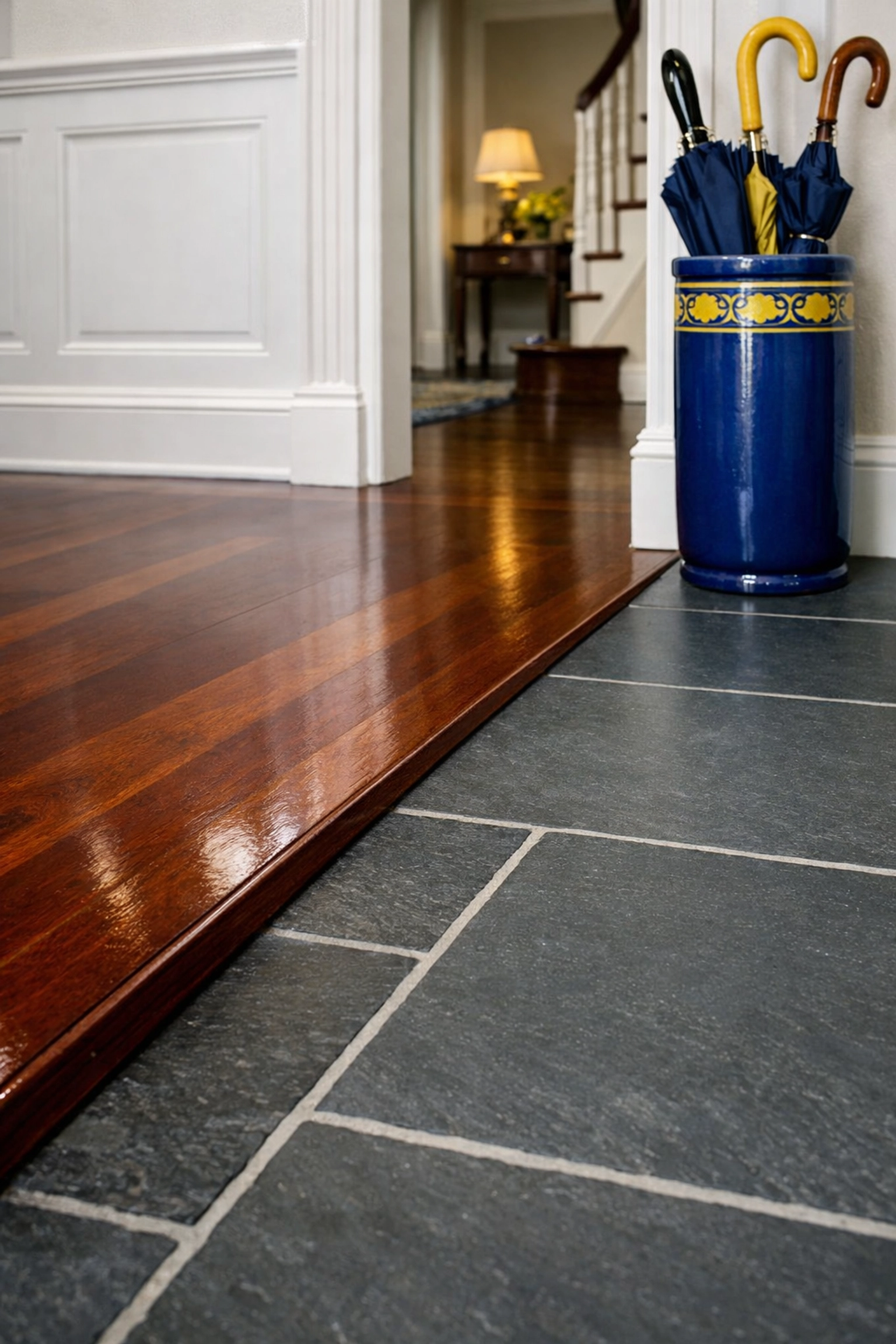 Expertly maintained mahogany and slate floors reflecting high-end Andover luxury cleaning standards.