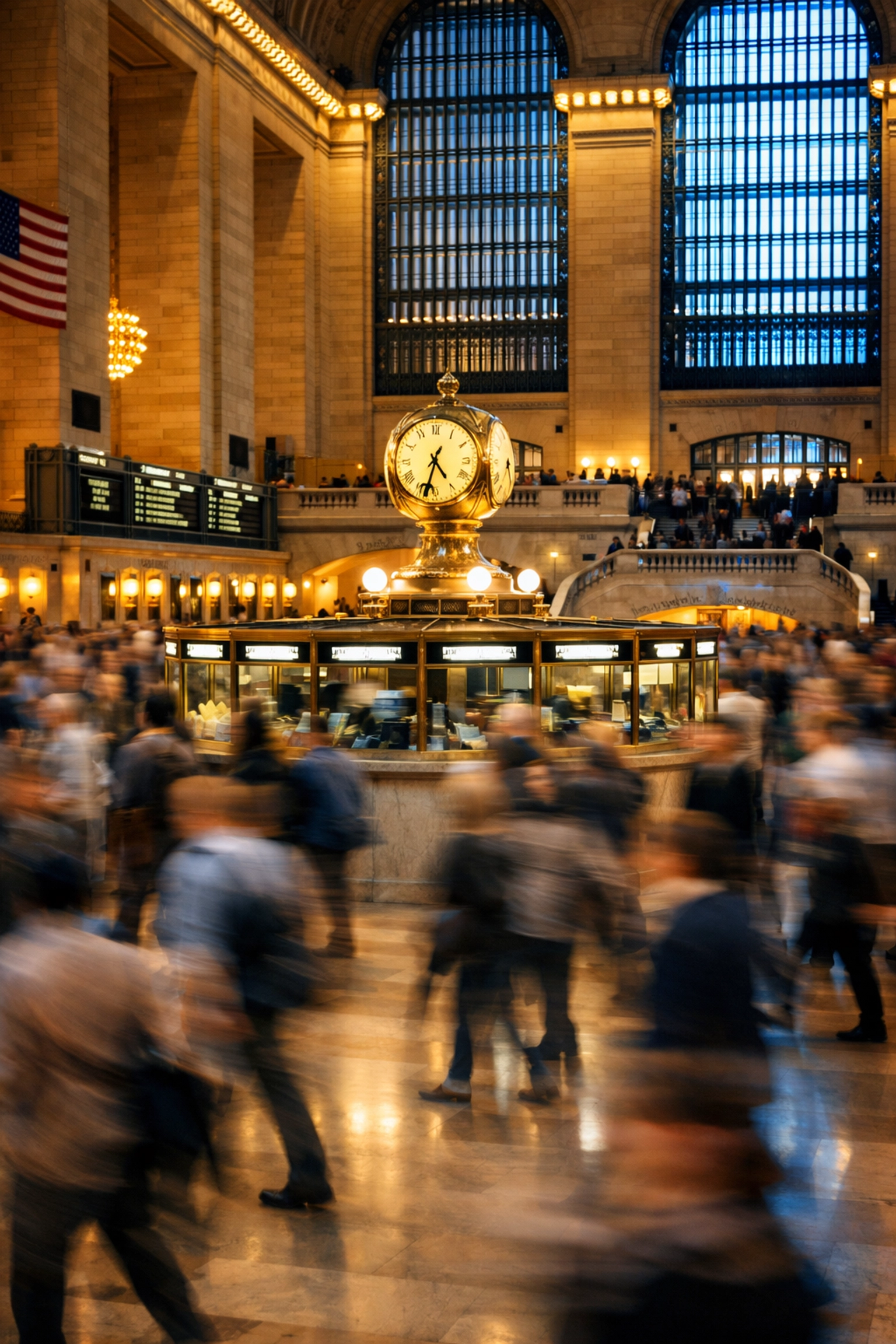 Creative street photography ideas using long exposure to capture motion blur of people in a busy metropolitan station.