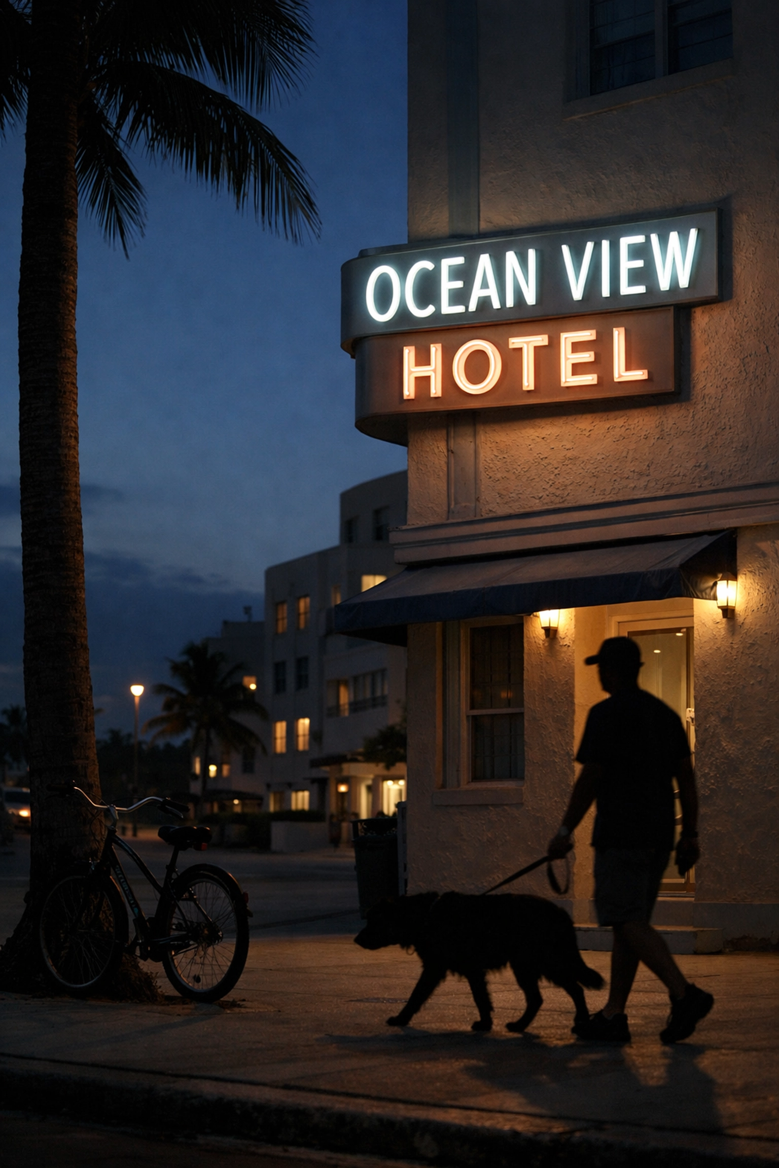 Vintage neon hotel signs glowing at blue hour, one of the best places to take pictures in Miami Beach.