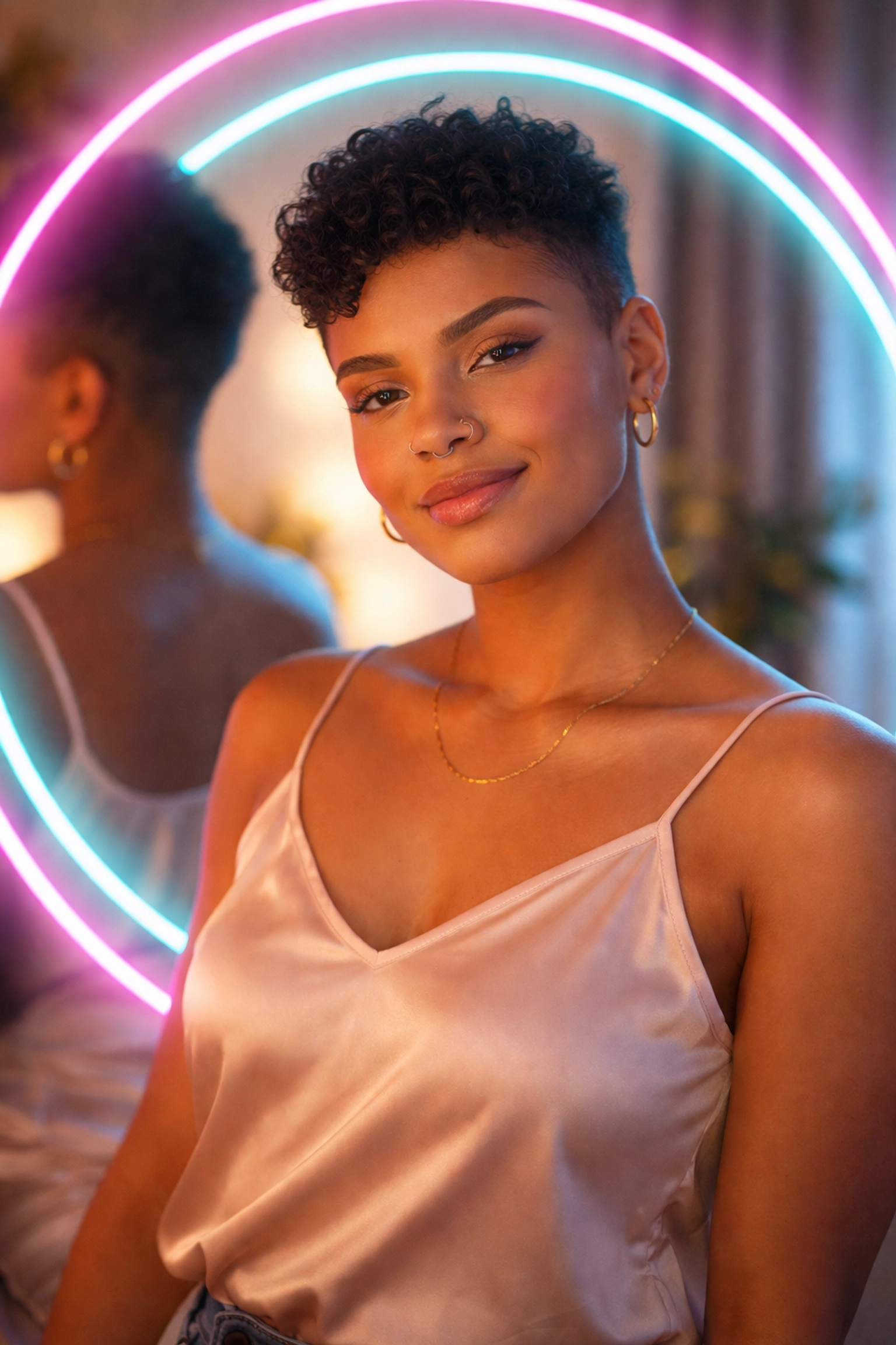 Confident person smiling at their reflection, symbolizing self-acceptance as a crossdresser or trans woman