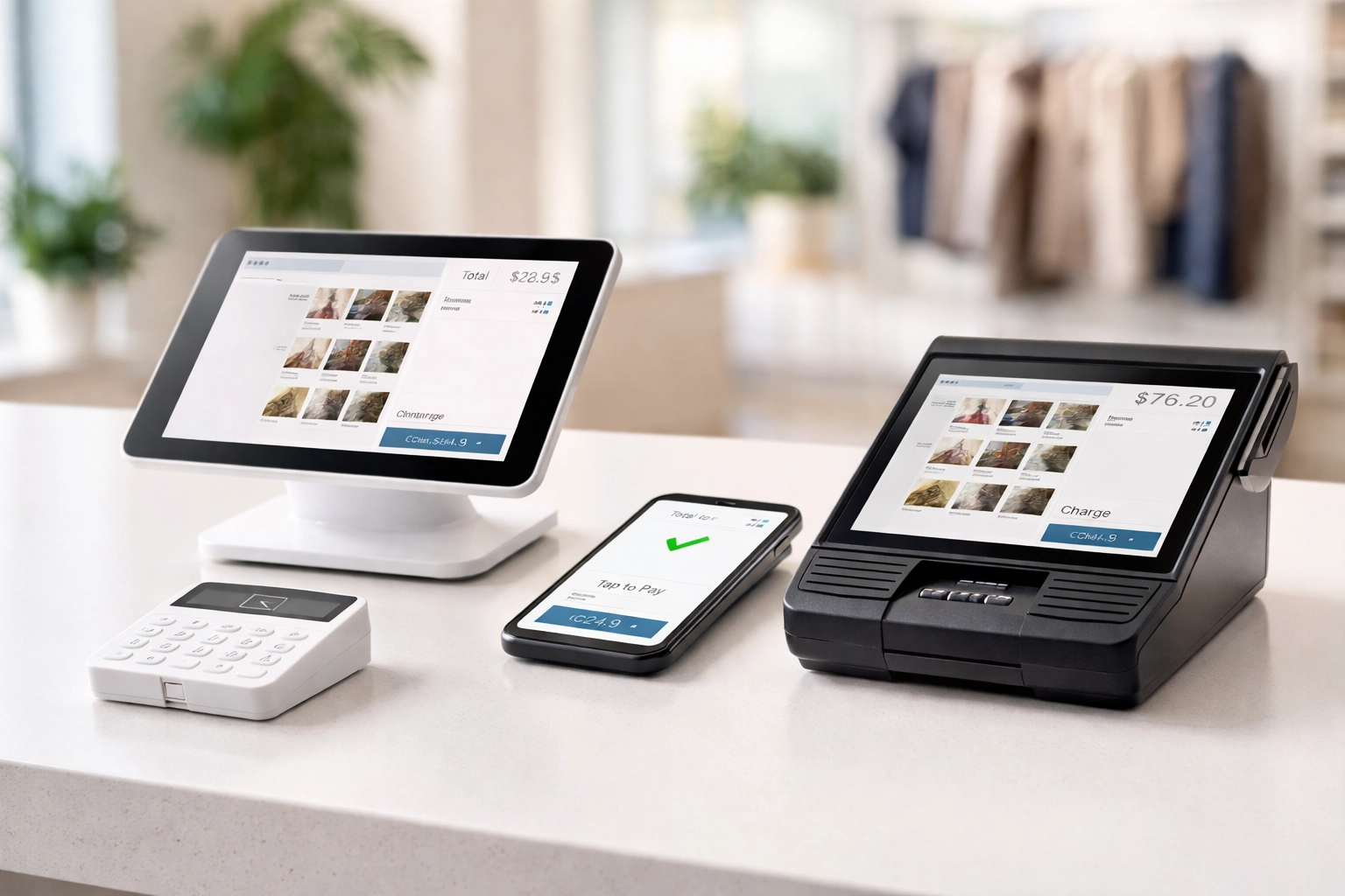 Modern POS hardware including tablet, card reader, smartphone, and terminal on counter for best POS system comparison