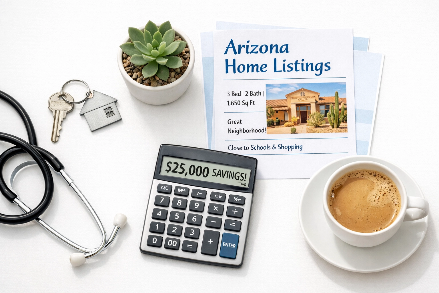 Home keys and stethoscope showing healthcare homeownership savings in Arizona