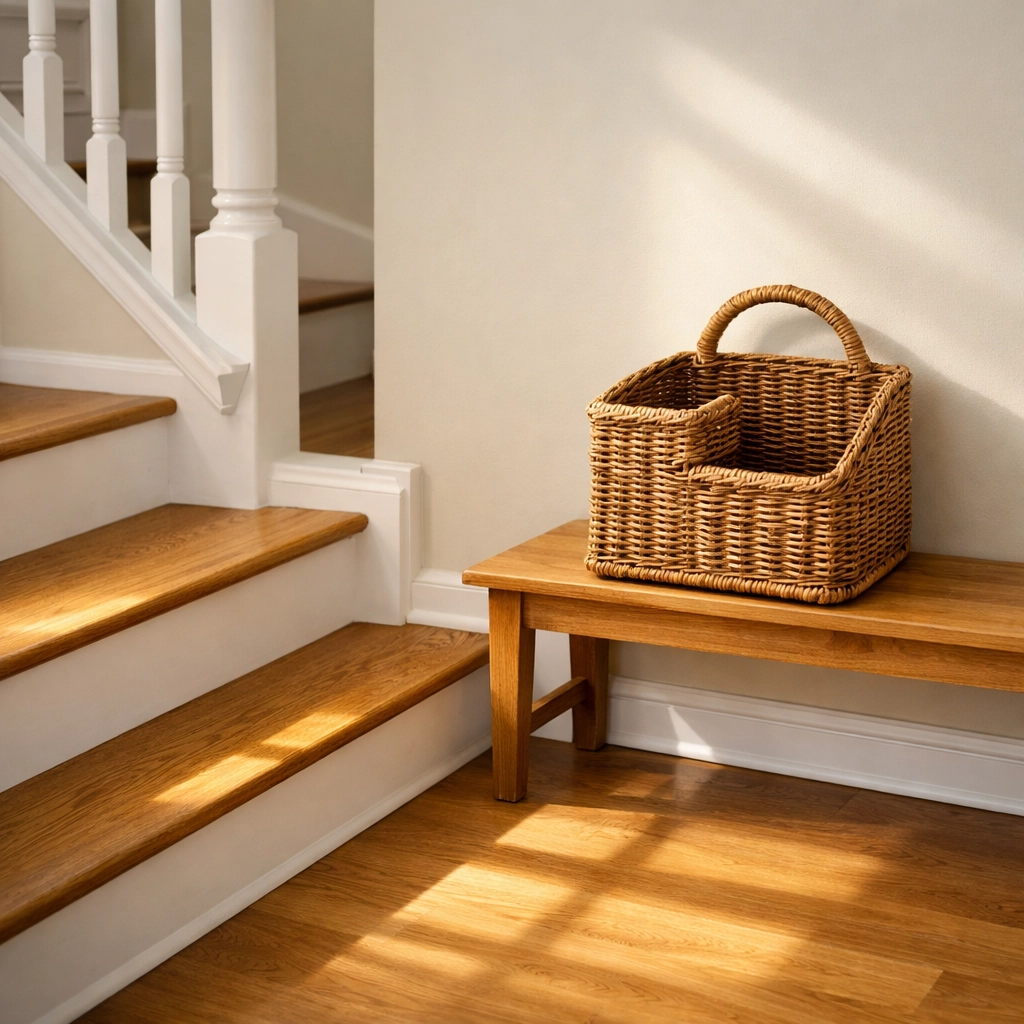 Clean, clutter-free staircase with a stair basket on a nearby bench to prevent trip hazards.