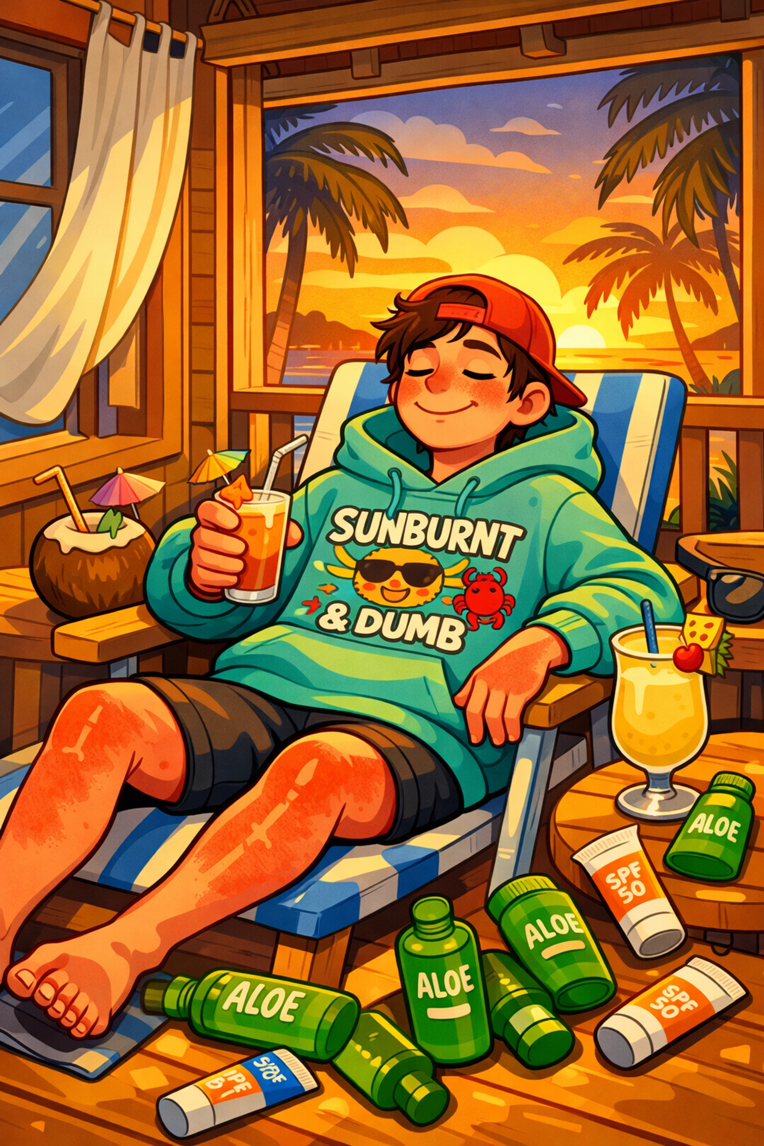 Spring break recovery day with comfortable hoodie and aloe vera for sunburn relief