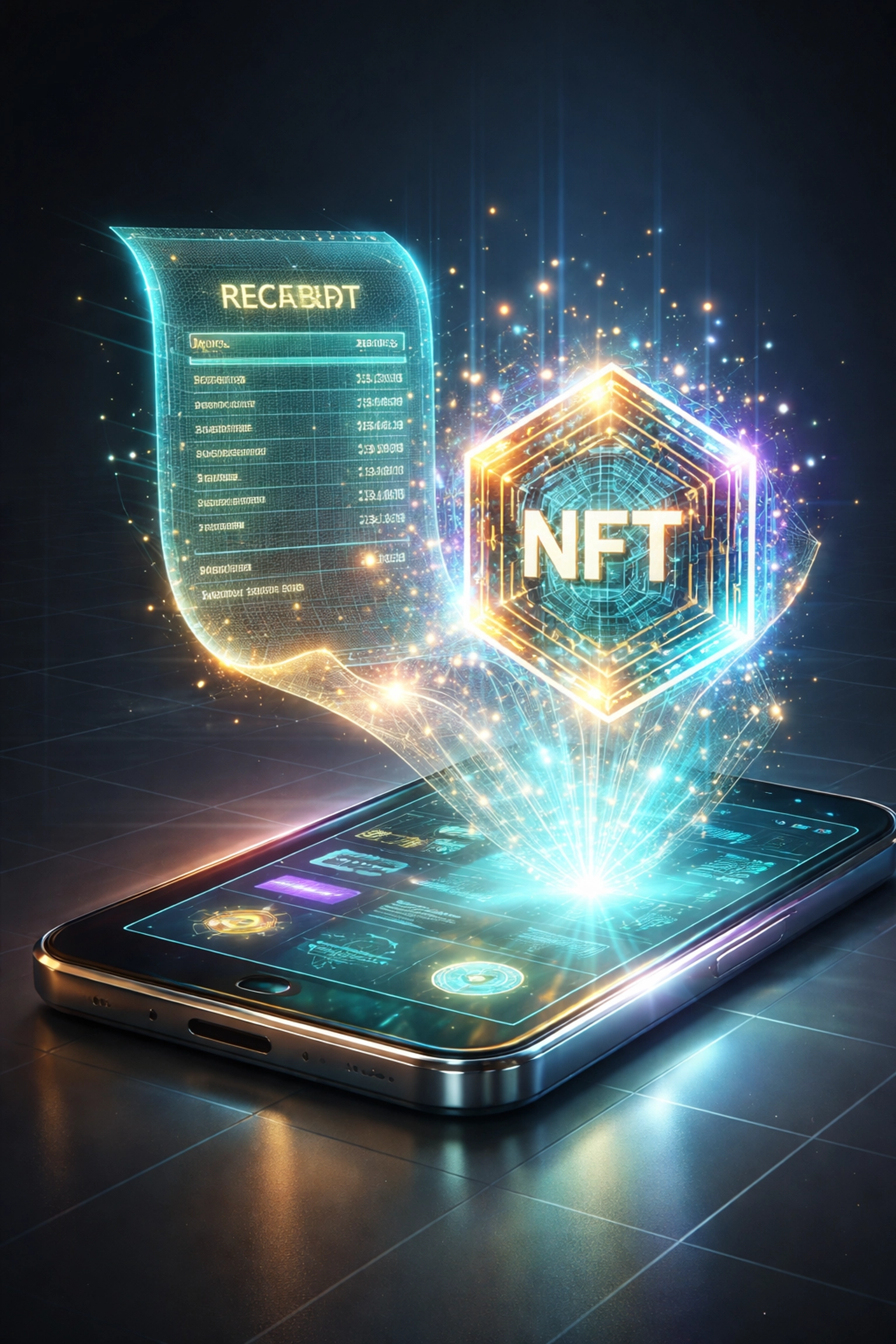 Digital receipt turning into an NFT token on a smartphone, highlighting Larecoin's blockchain accounting for small business payments