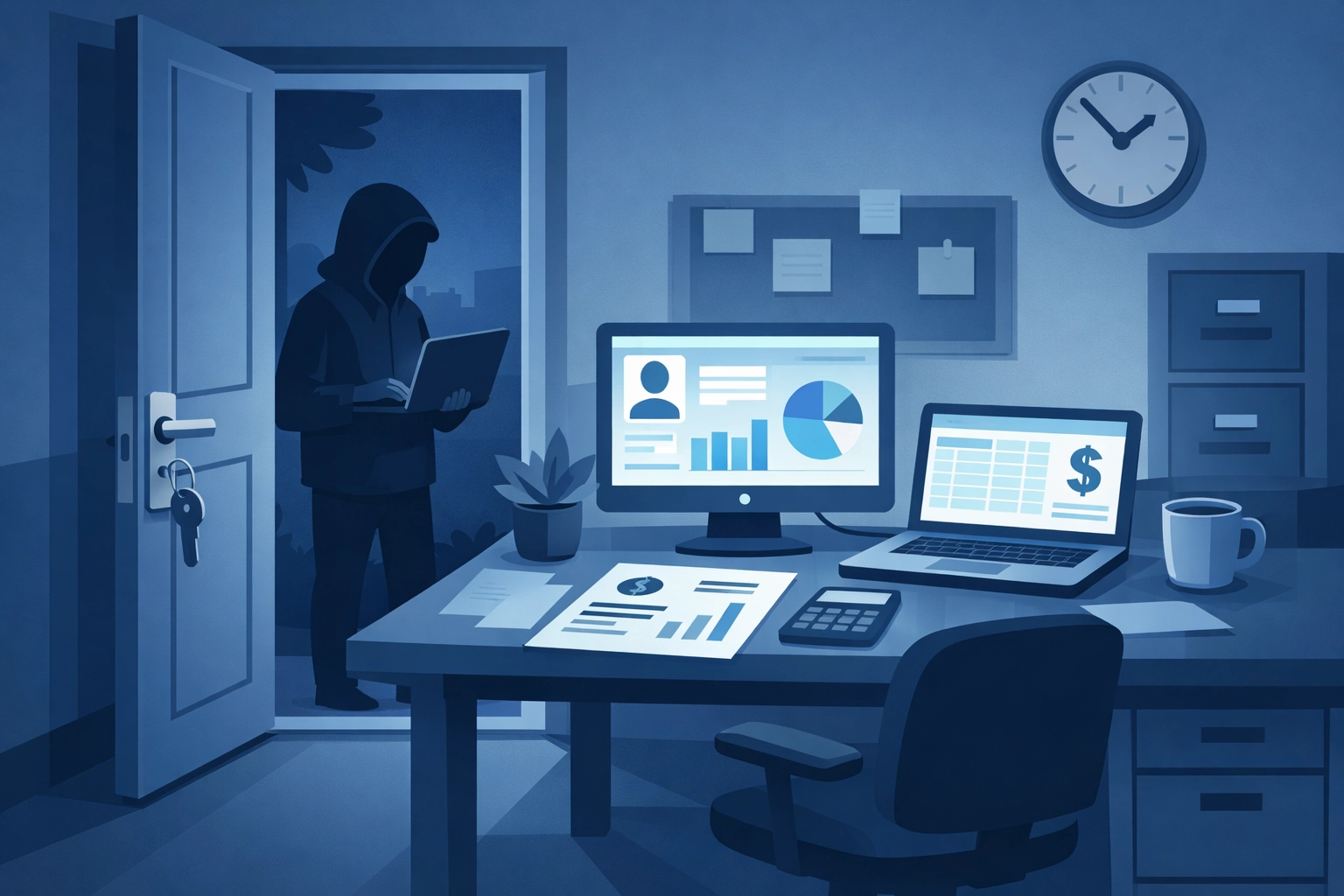 Unsecured business office showing cybersecurity vulnerabilities in Sarasota companies