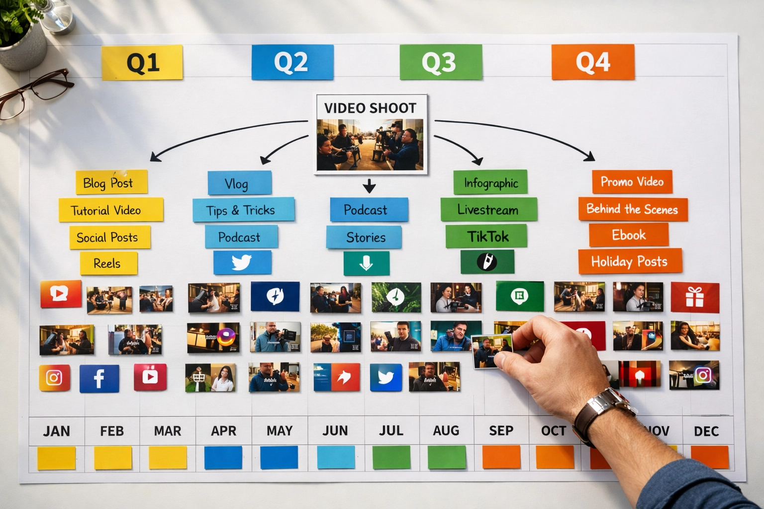 Quarterly content calendar showing 12-month video marketing distribution plan
