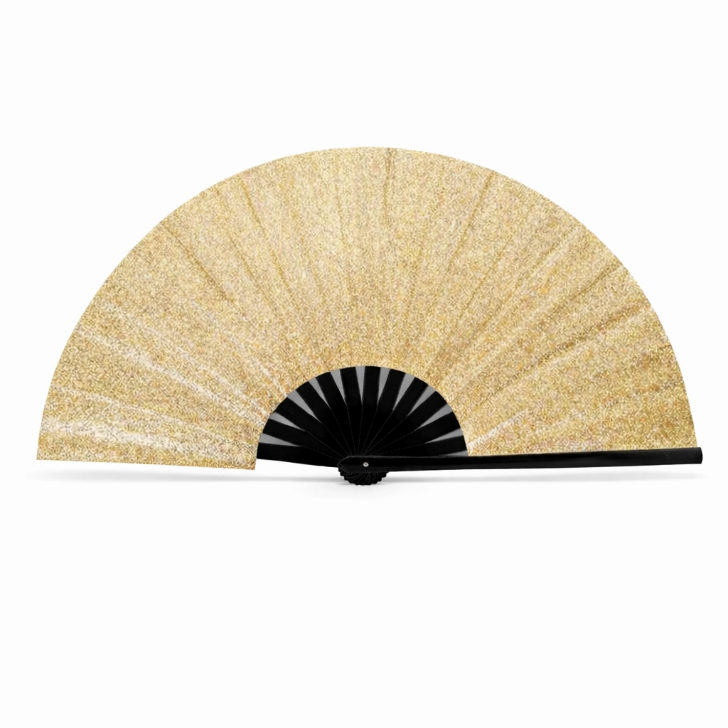 Fenty gold branded fan (metallic gold hand fan).