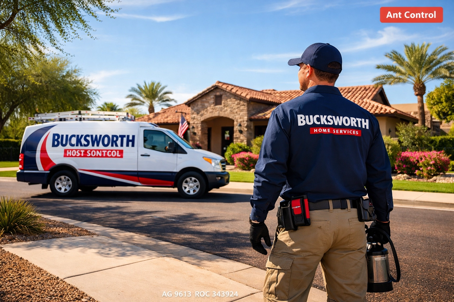 Bucksworth Home Services technician and service truck providing ant control in Litchfield Park AZ.