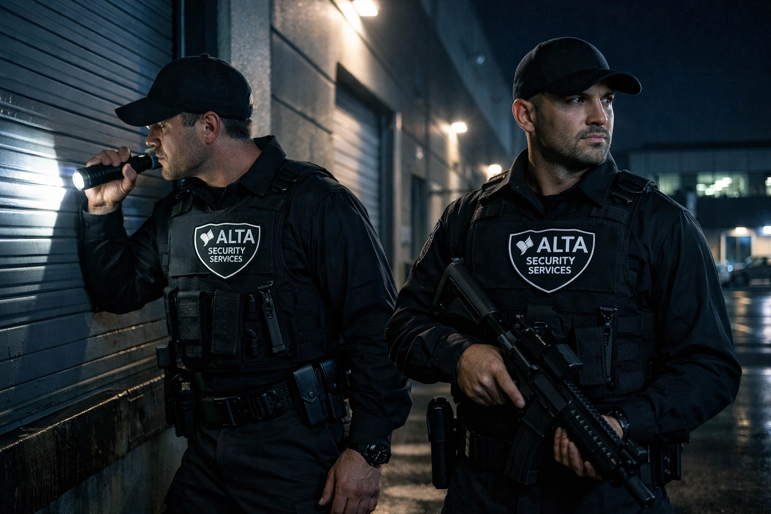 Two armed security guards conducting professional nighttime patrol inspection at commercial facility