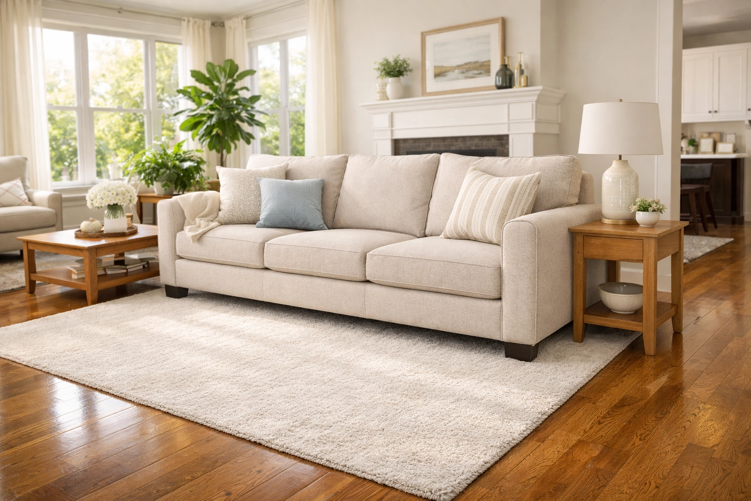 A clean and bright Tulsa living room showing professionally cleaned couch and wood floors.