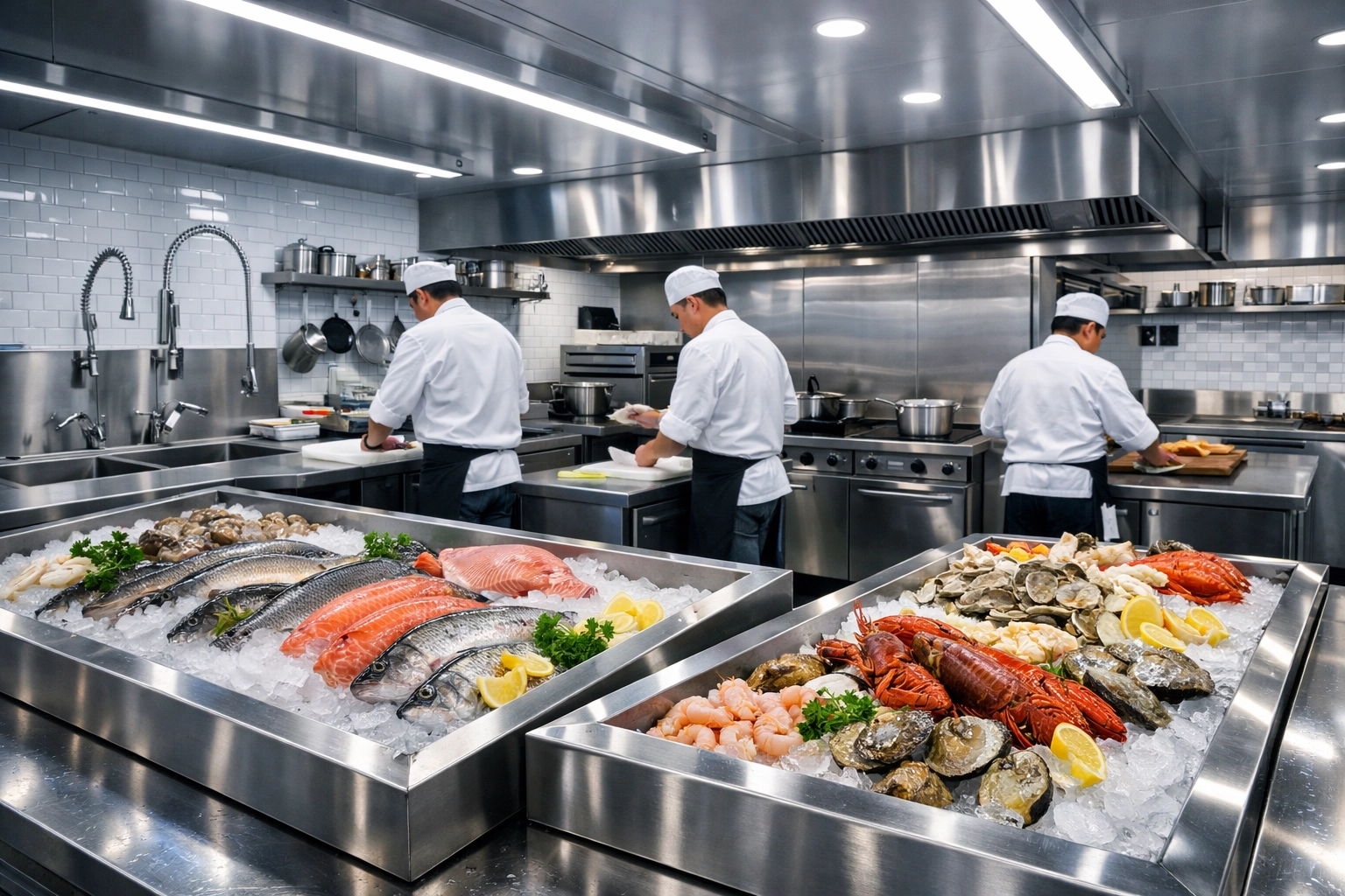 Commercial seafood kitchen with stainless steel prep stations and organized workflow zones