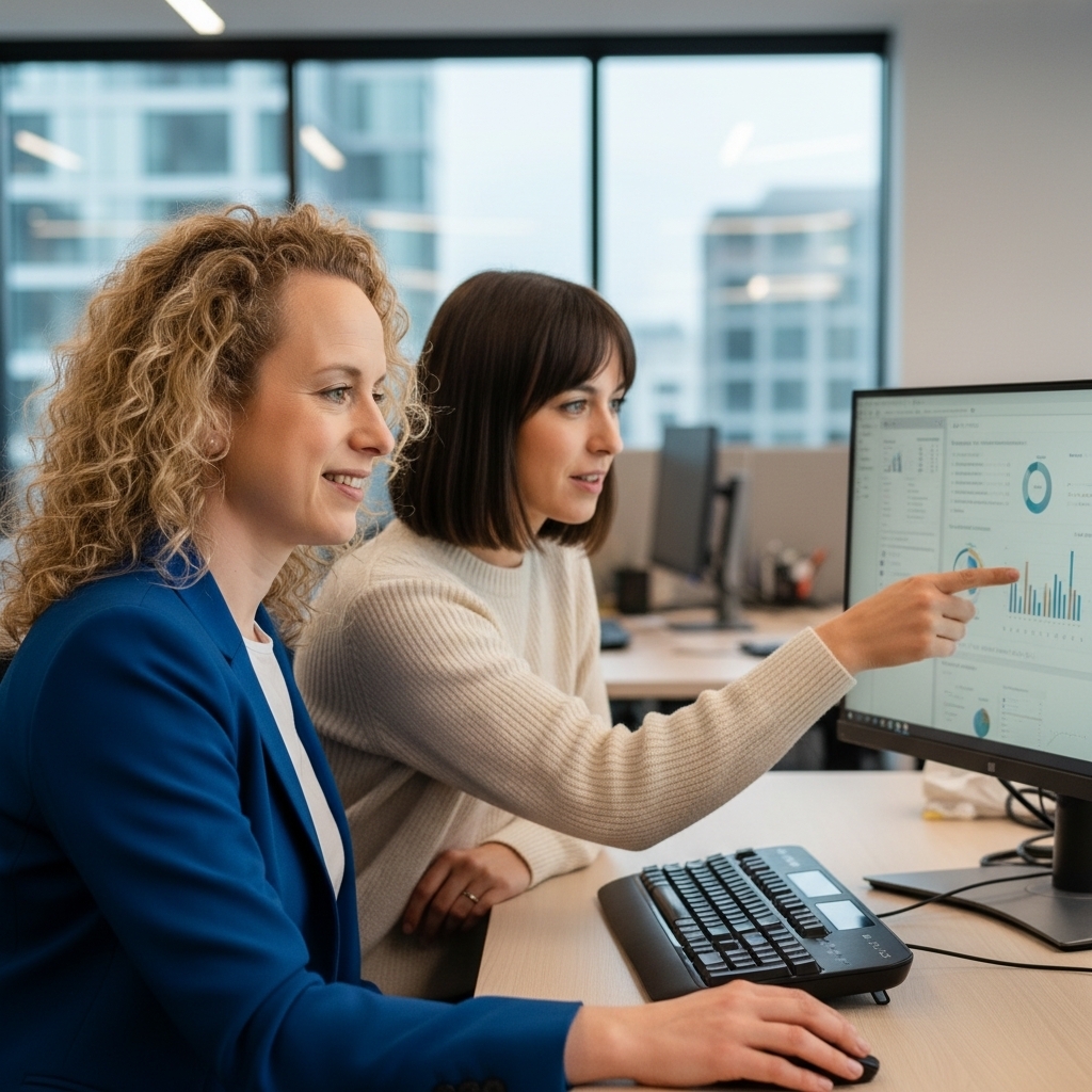 Two women collaborating at an office desk