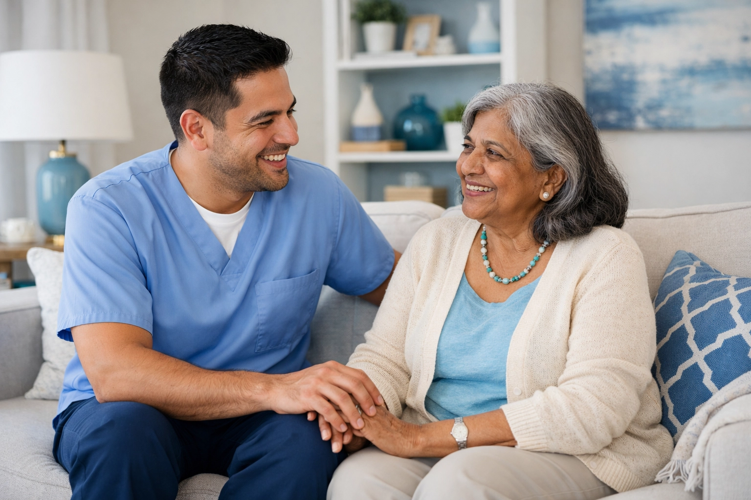 Professional caregiver providing companionship to senior woman at home