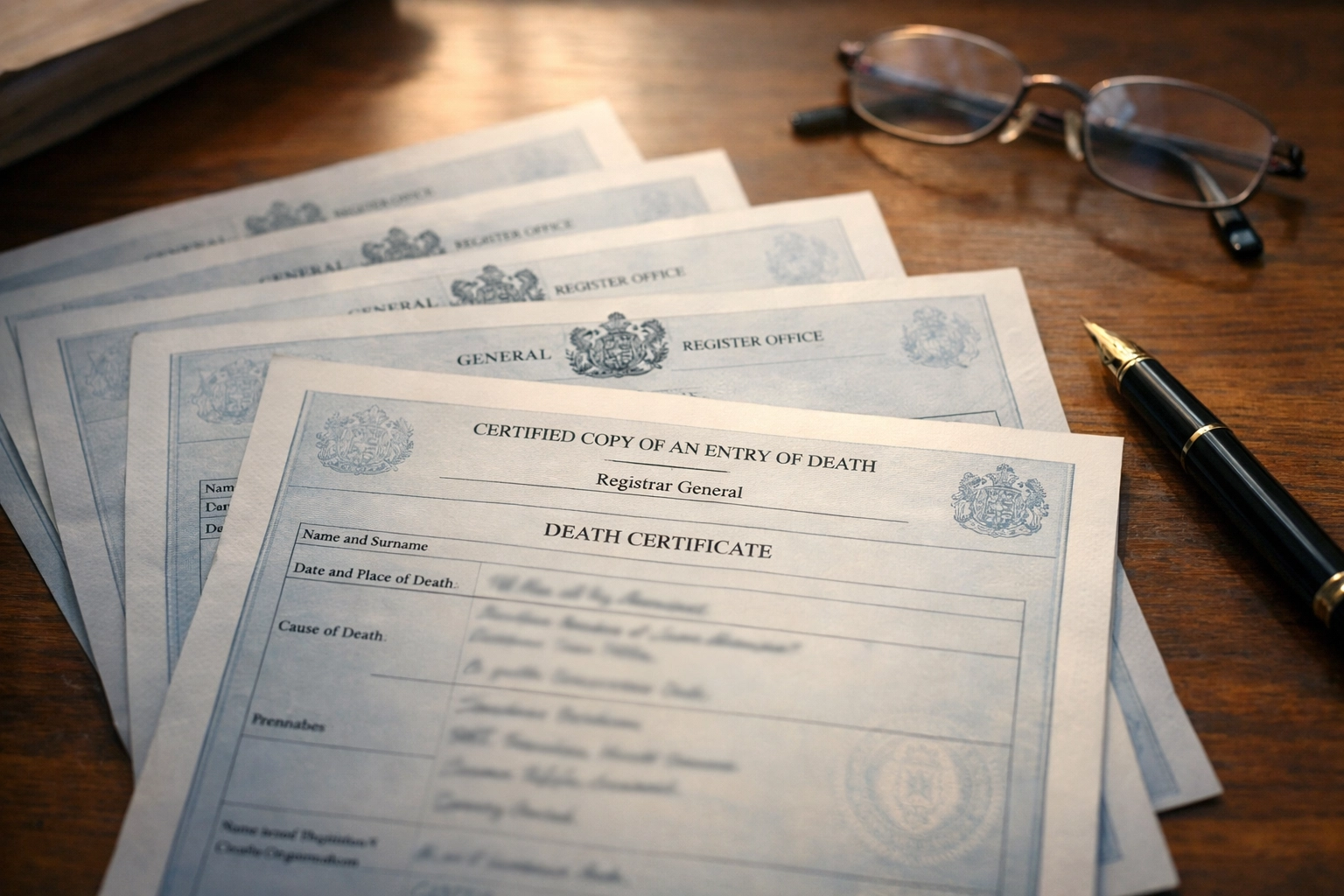 Multiple certified UK death certificates on desk with pen and glasses for probate applications