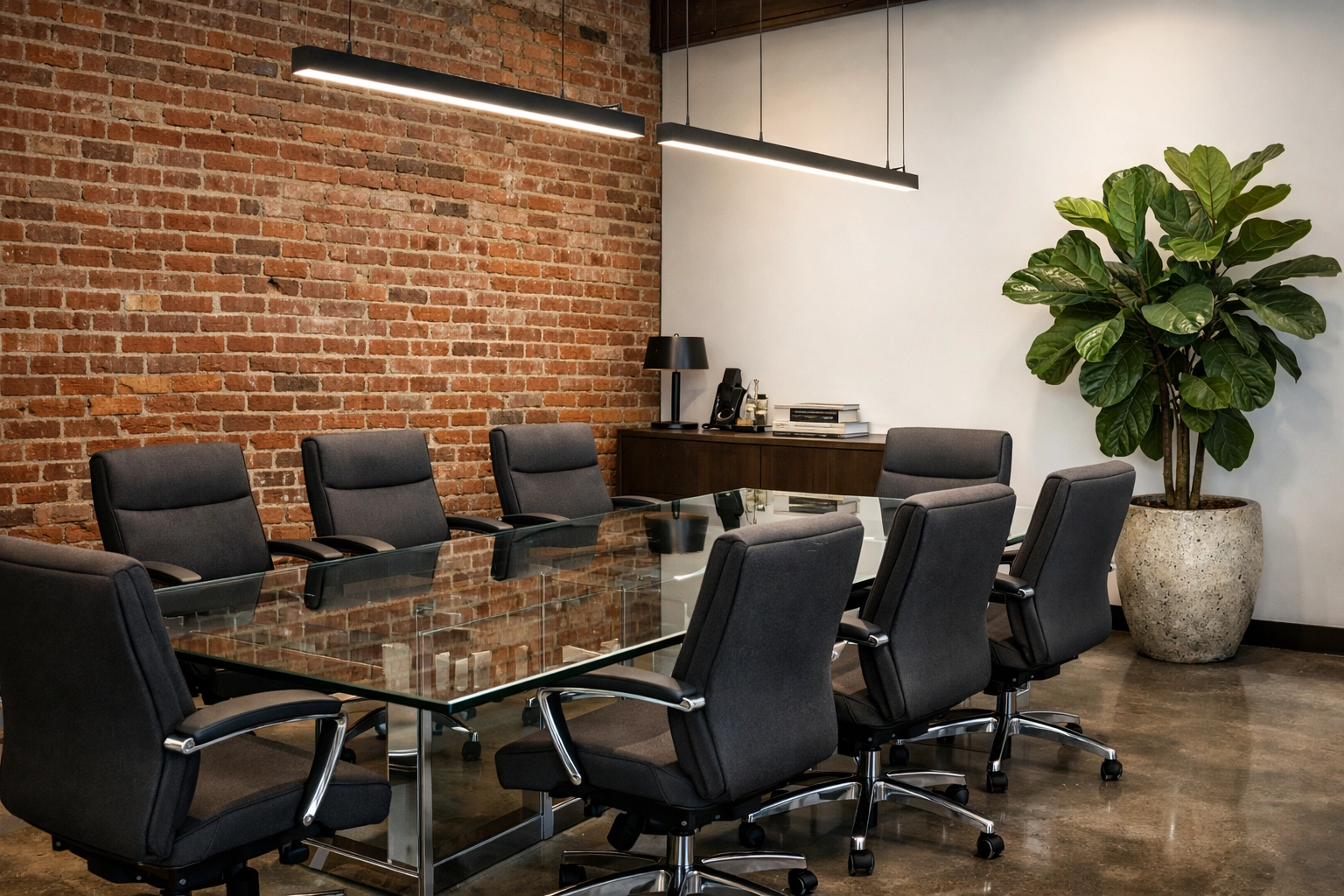 Modern industrial-style Detroit office with a clean glass conference table and brick walls.