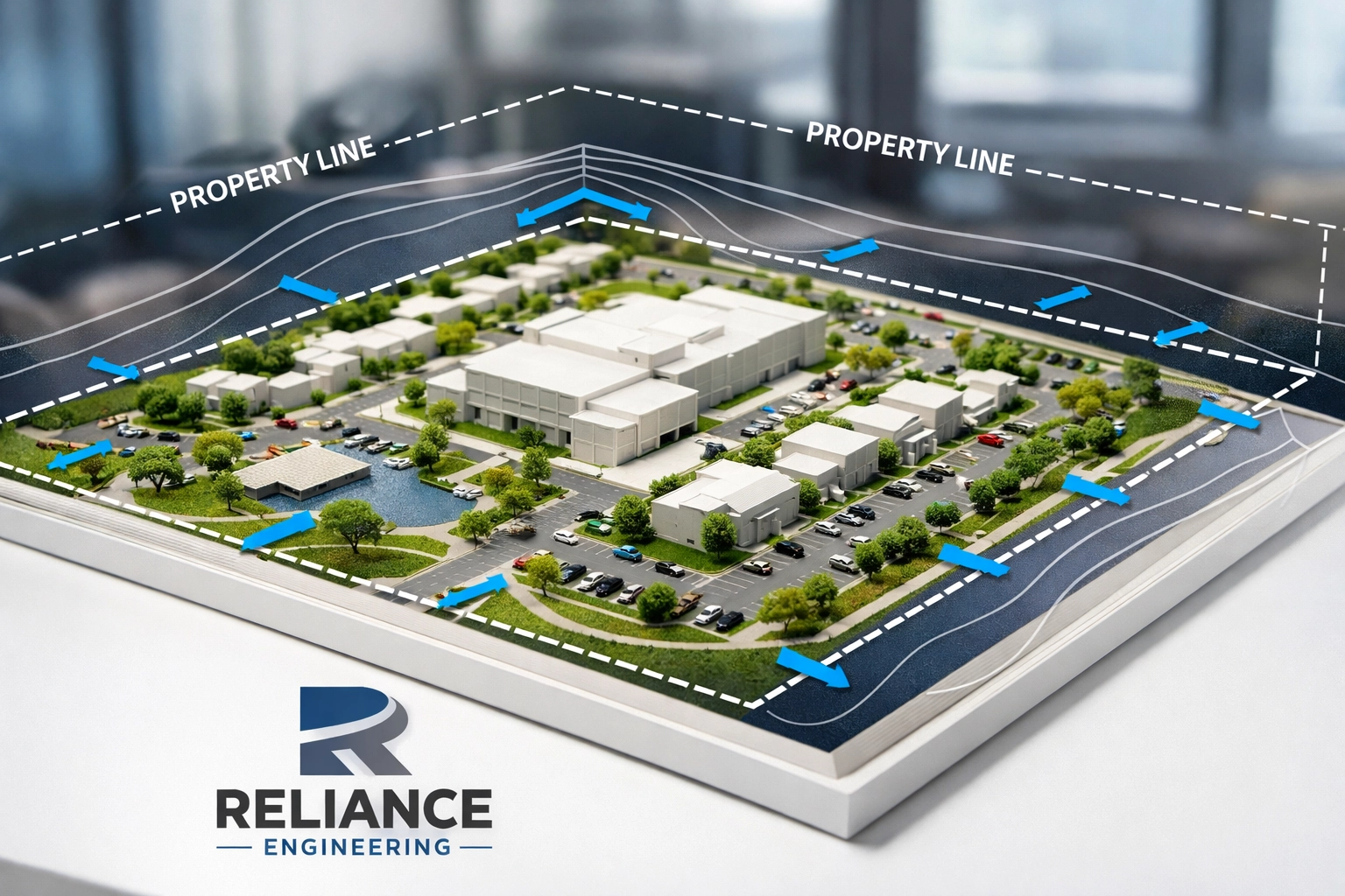 Architectural site model showing property drainage and landscaping for final Ontario site plan approval.