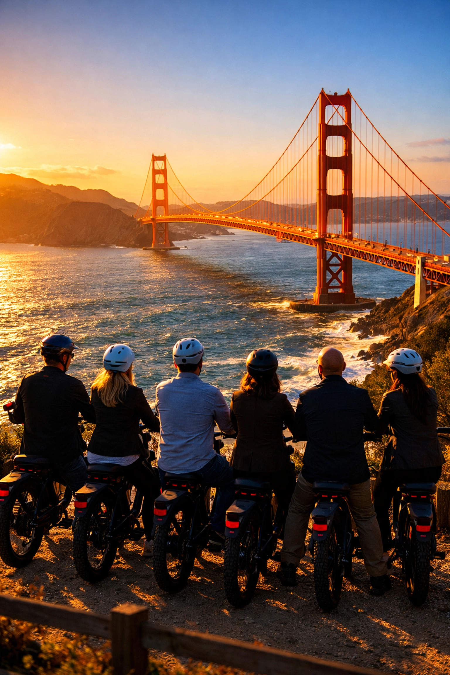 San francisco corporate offsite group on e-bikes with a scenic golden gate bridge view.