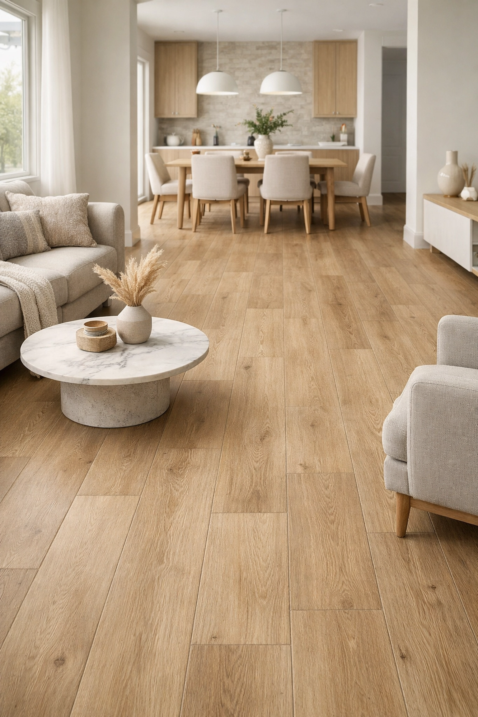 Durable flooring renovation orlando with wide-plank luxury vinyl in a modern living room.