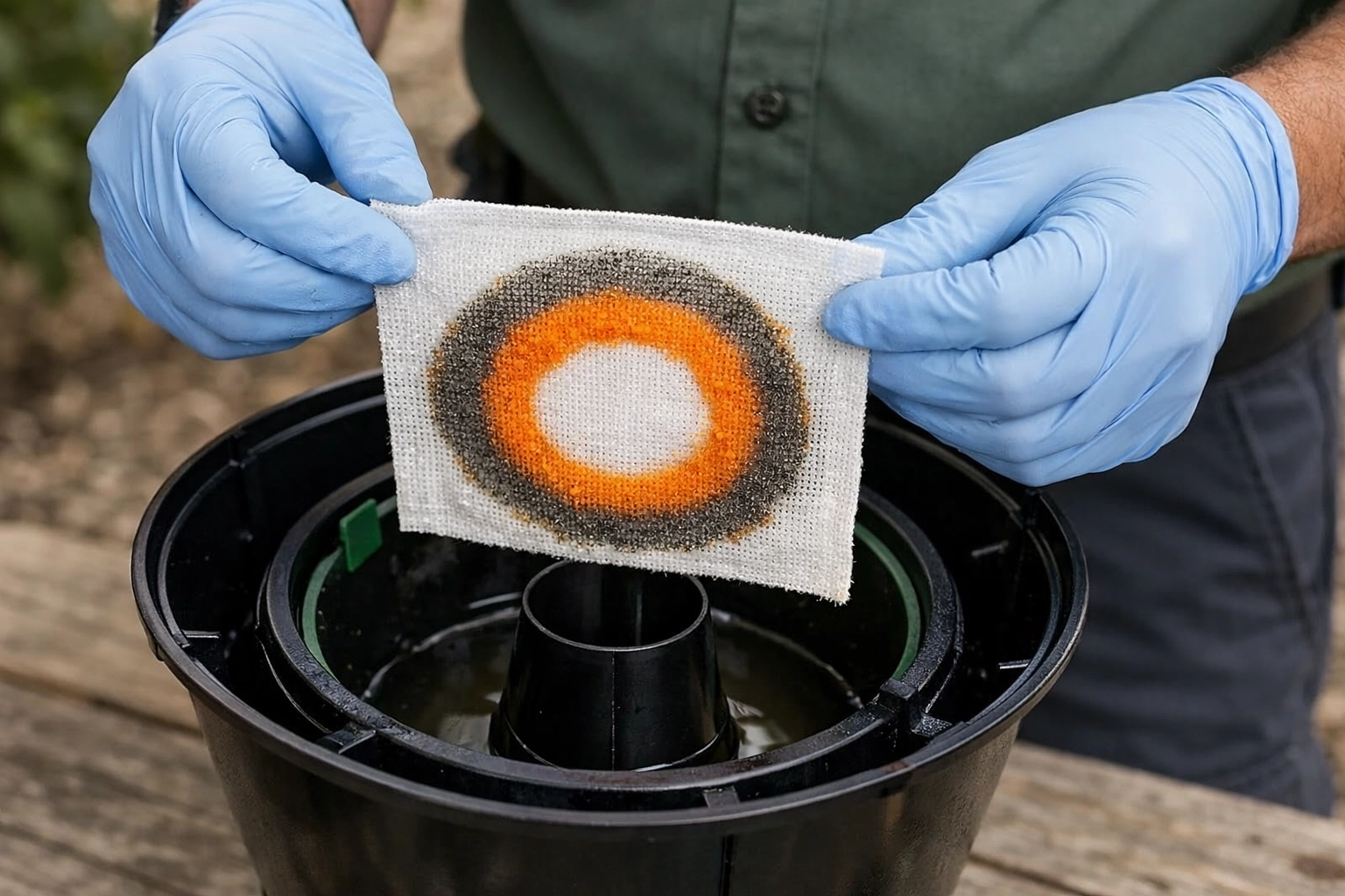 Gloved hands holding an In2Care treated gauze insert during monthly station maintenance (no faces shown).