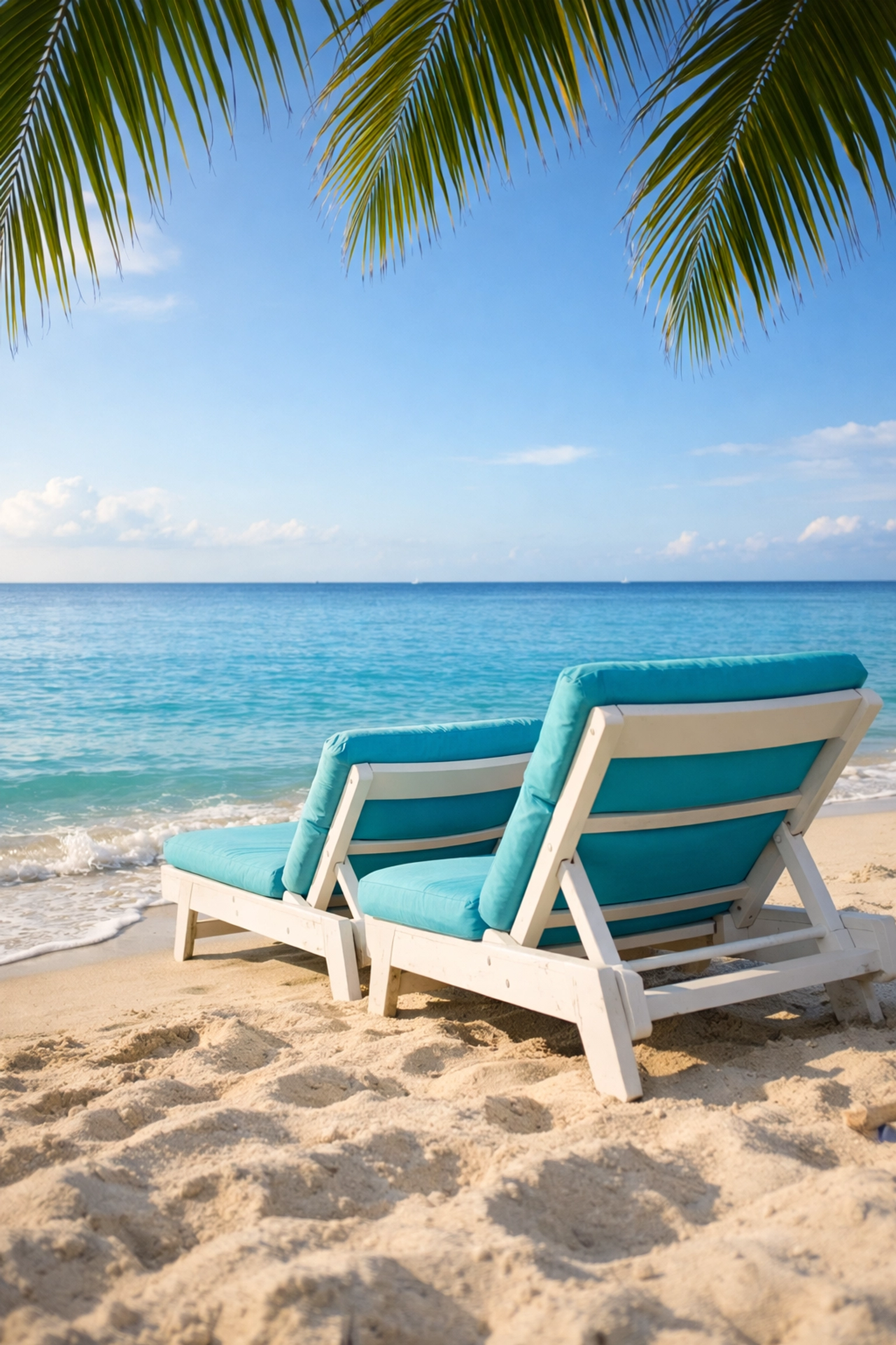 Beach chairs at Paradise Beach Cozumel facing calm Caribbean ocean waters