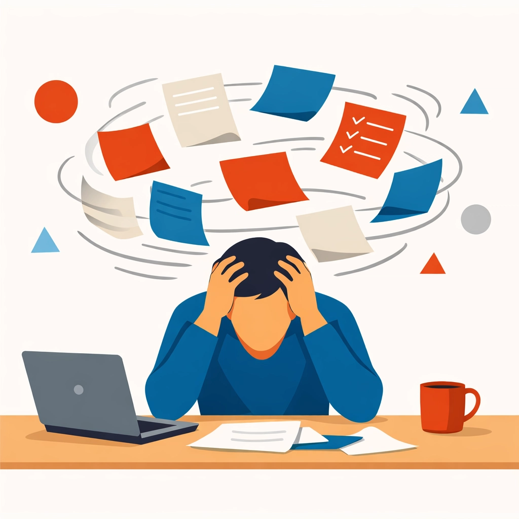 Person overwhelmed by scattered financial papers representing unclear money goals and confusion