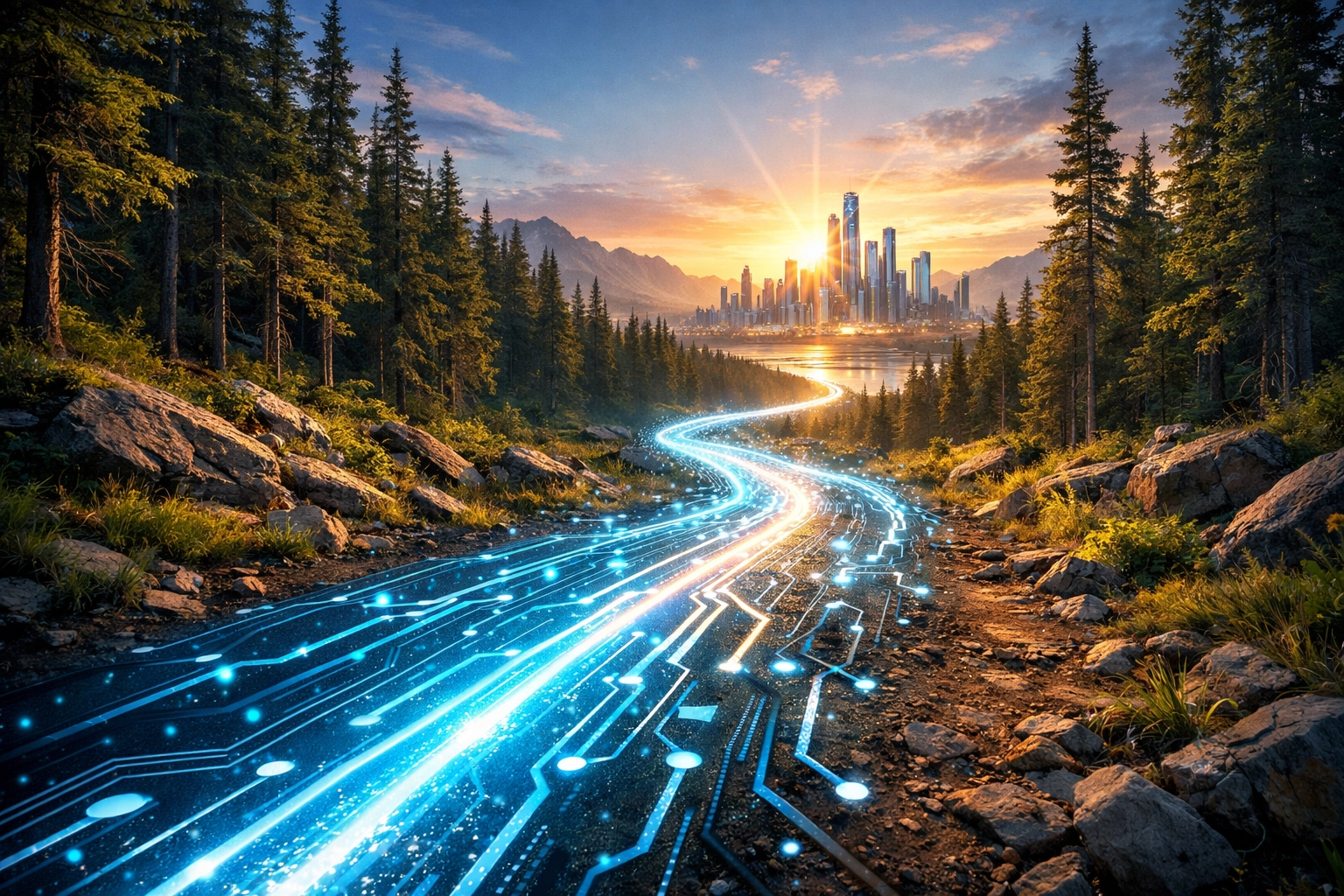 A symbolic digital path leading toward a city skyline, representing the growth journey of a small business in Canada.