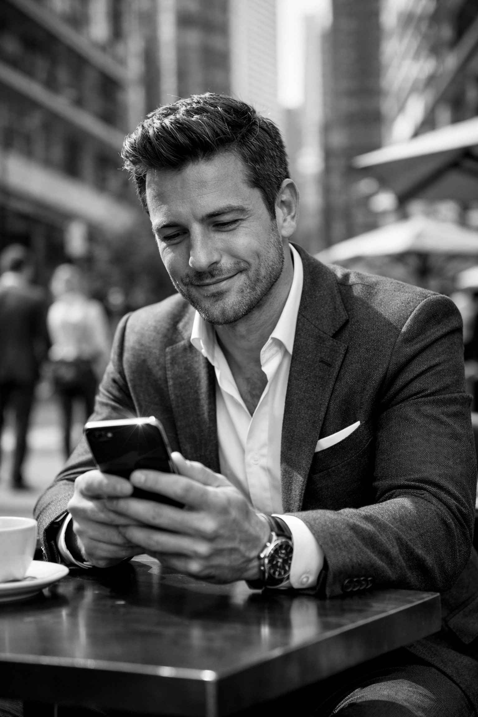 Professional man in Barangaroo using a dating service for professionals on his phone.