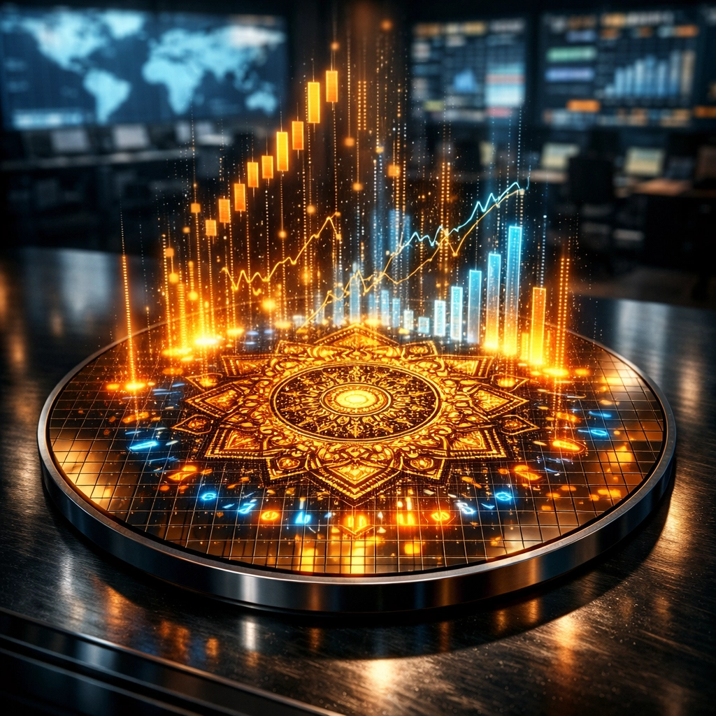 Golden silicon wafer with holographic financial charts showing the rise of Indian Stock Market News.