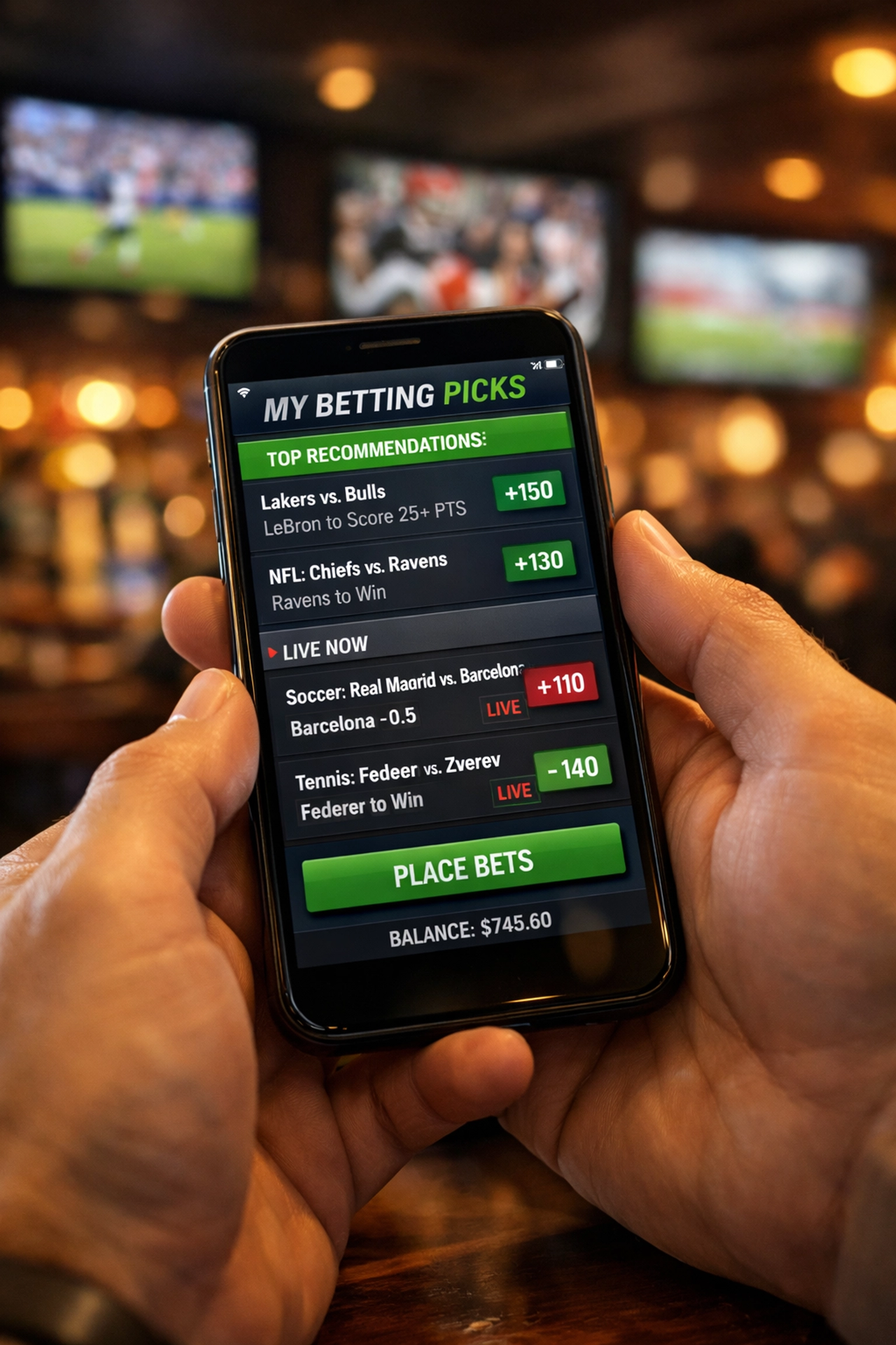 Mobile sports betting app displaying personalized odds and recommendations on smartphone