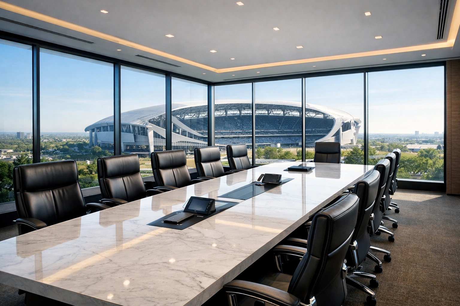 Executive boardroom with a view of a stadium for strategic Super Bowl corporate travel planning.