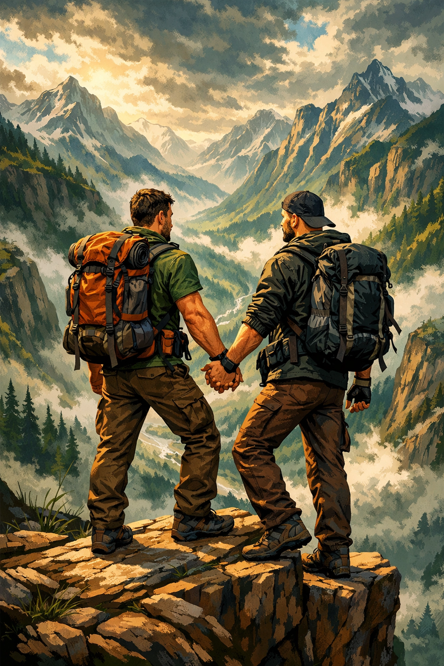 Two men holding hands at a mountain peak, capturing the spirit of gay adventure romance fiction.