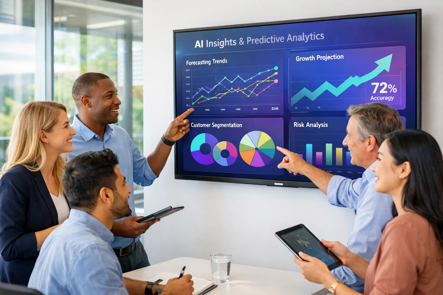 Professionals collaborating on ServiceNow Now Assist AI analytics and predictive intelligence dashboards