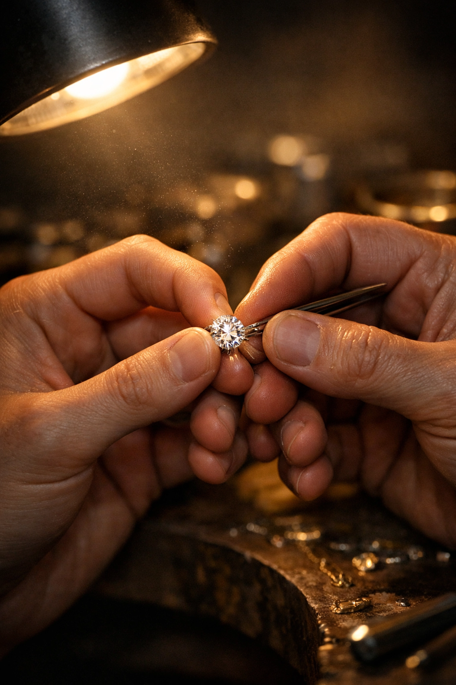 Two men's hands holding diamond while crafting jewelry - gay romance in jeweler's workshop