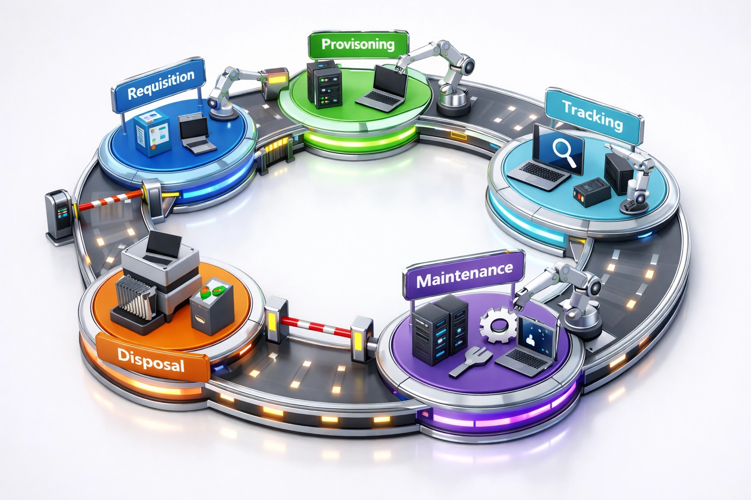 Automated ServiceNow ITAM workflow showing asset lifecycle stages from requisition to disposal